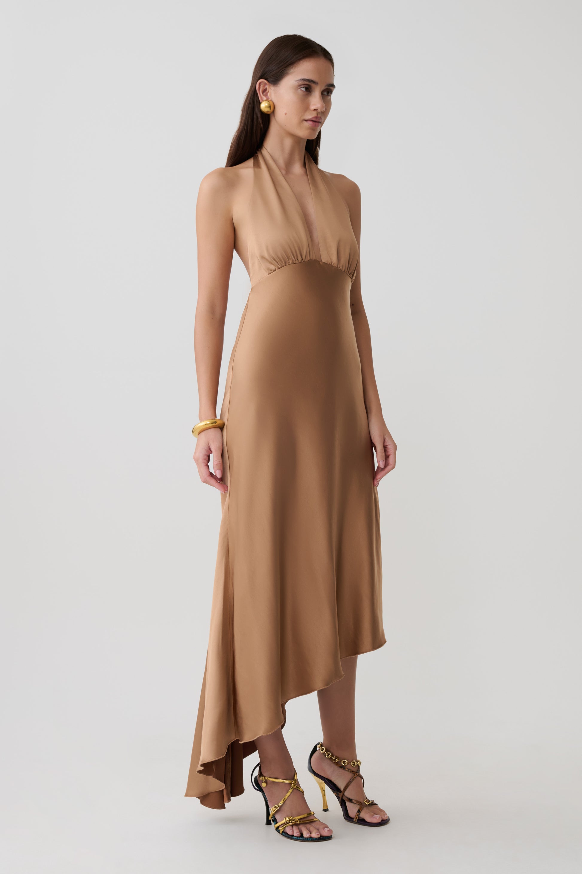 Adelie Asymmetric Hem Halter Midi Dress - Cognac #4