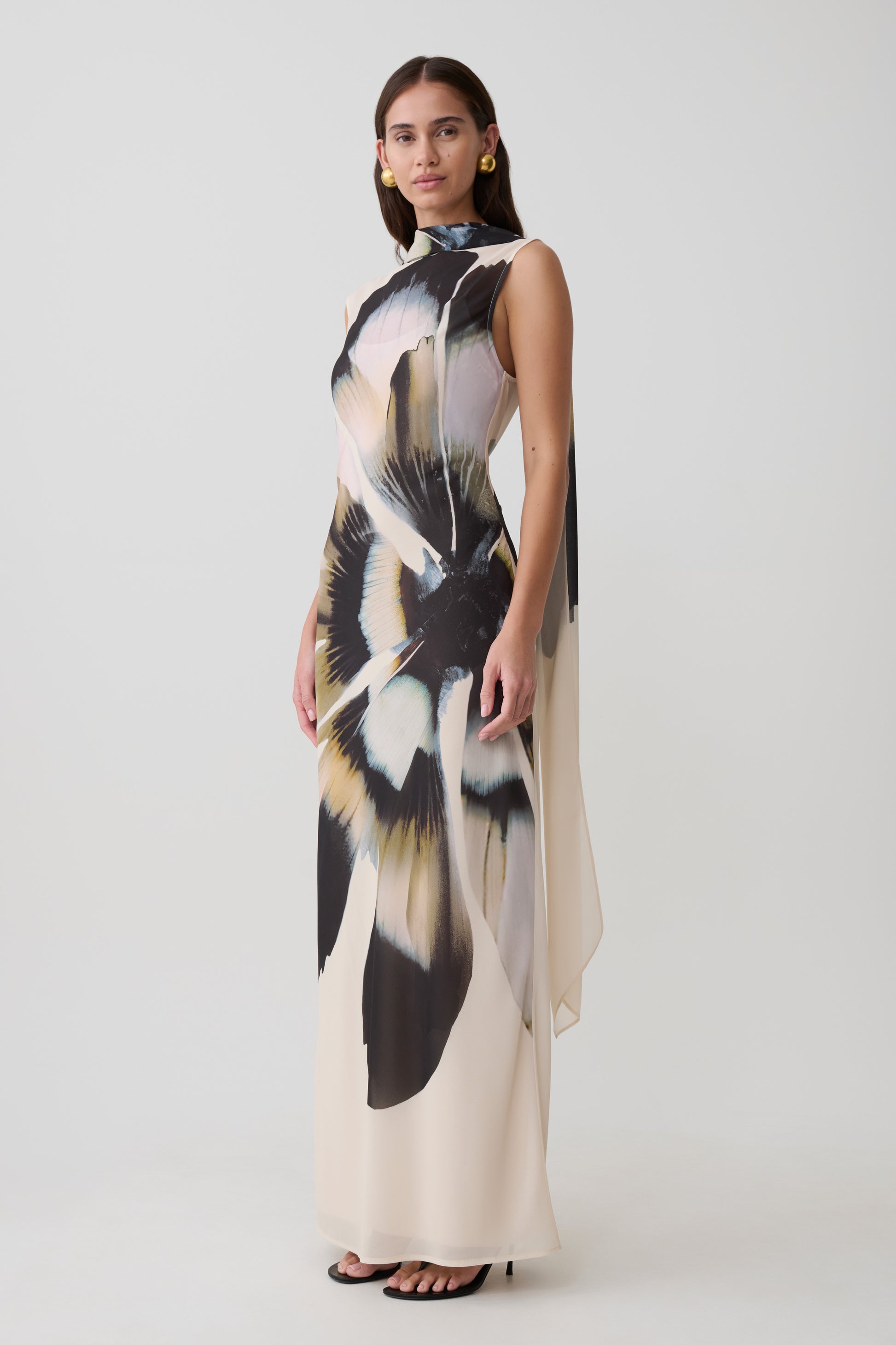 Dakota Chiffon Maxi Dress With Scarf - Ivory Oversized Floral Print #5