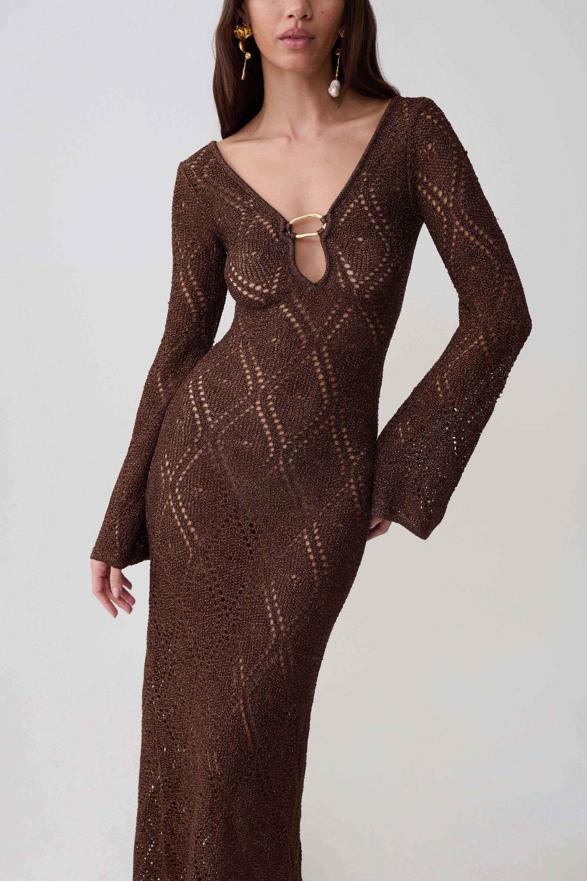 Chelsea Lurex Crochet Maxi Dress - Bronze #3