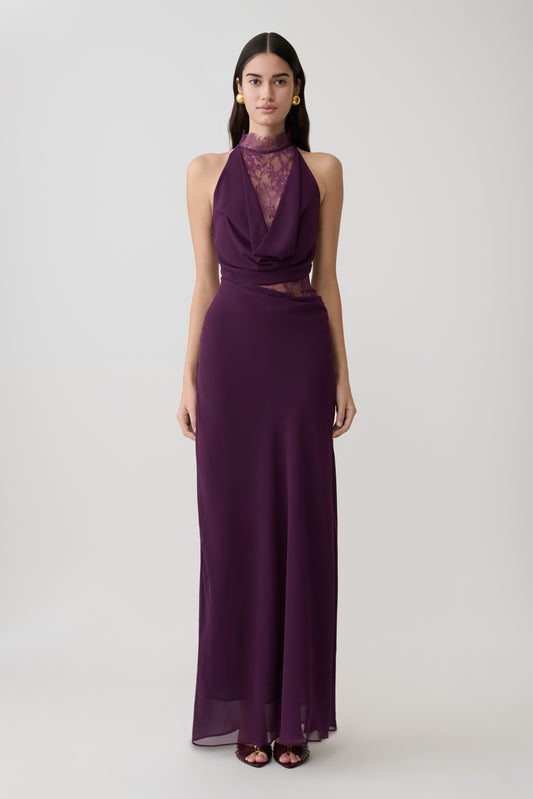 Arra Chiffon And Lace Halter Maxi Dress - Plum