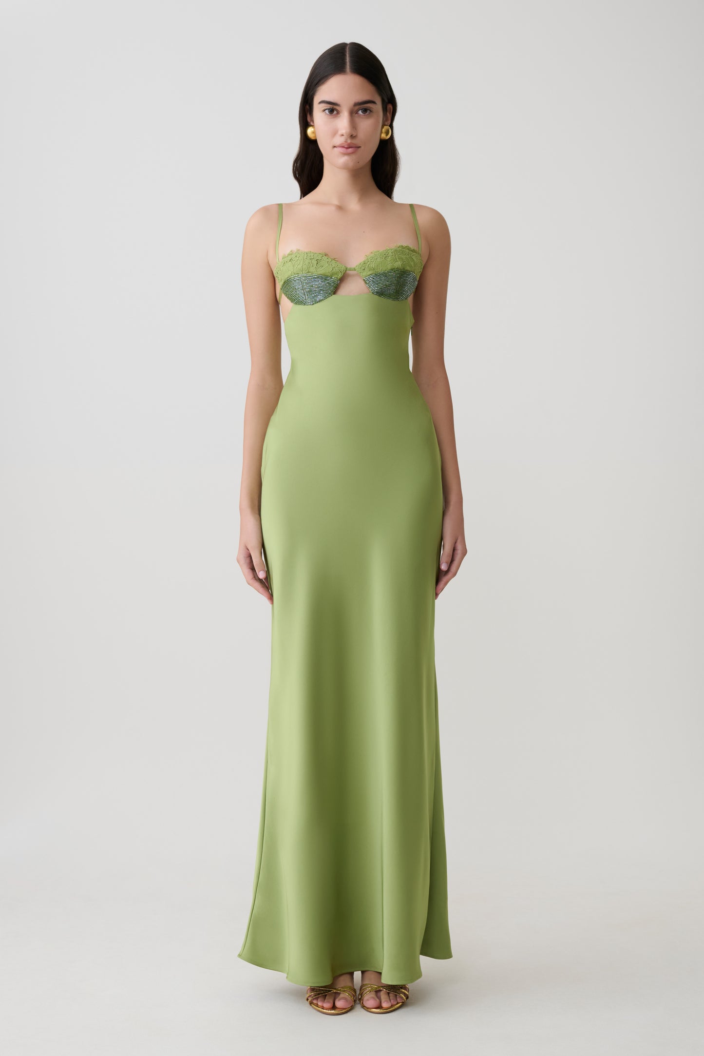Fiorella Embellished Satin Maxi Dress - Pistachio