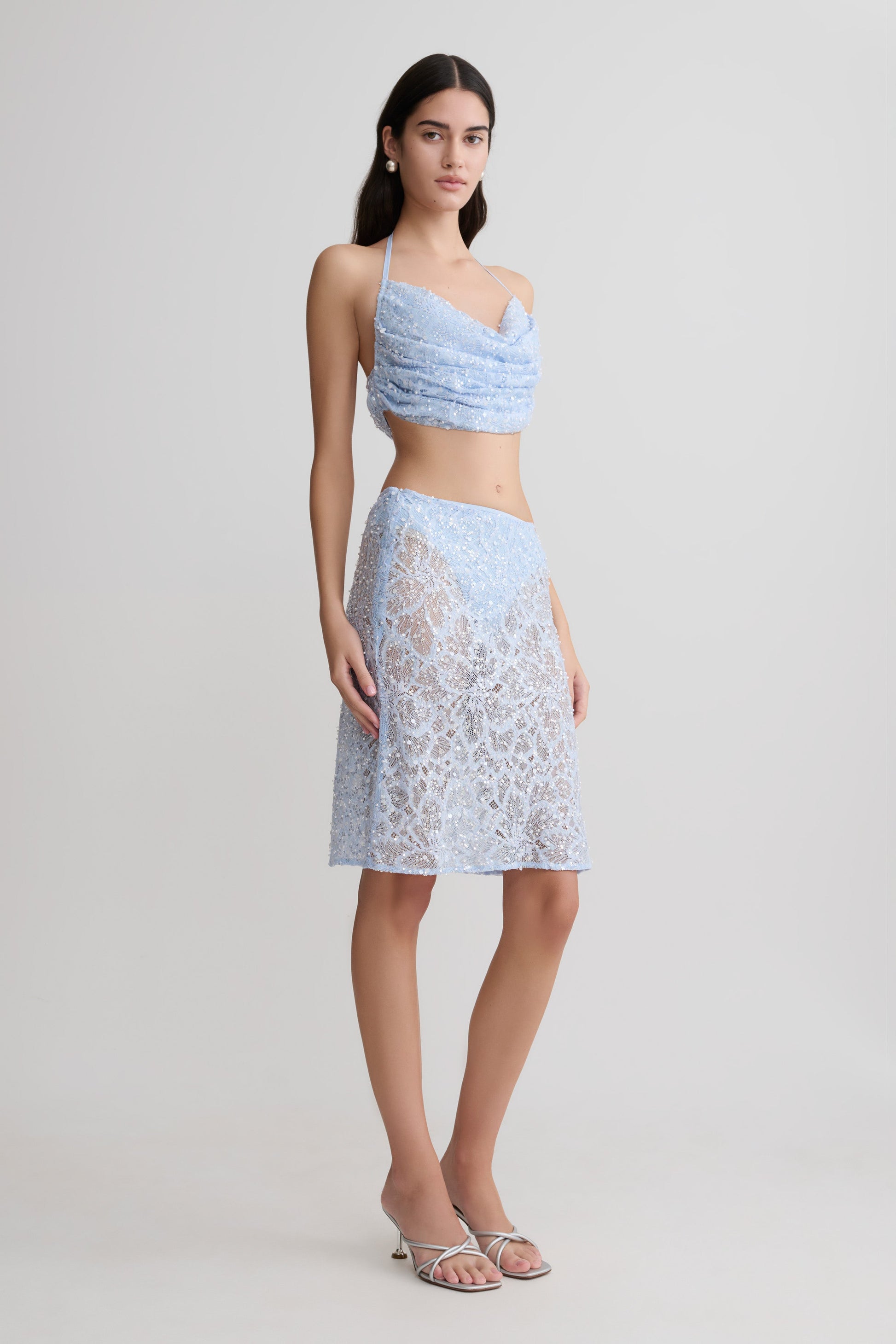 Kiara Pearl Beaded Midi Skirt - Powder Blue #4