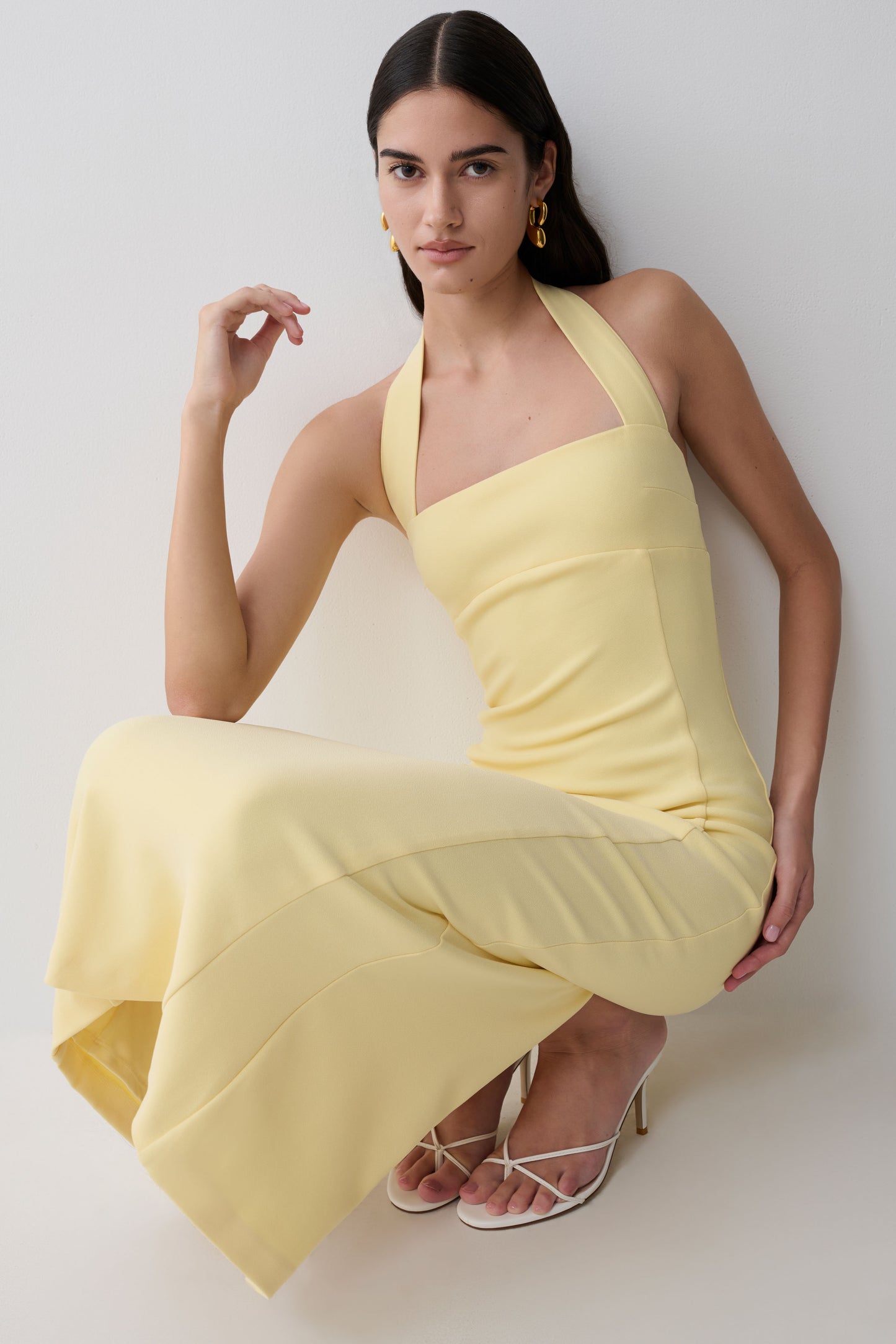 Amelita Suiting Halter Midi Dress - Pale Lemon
