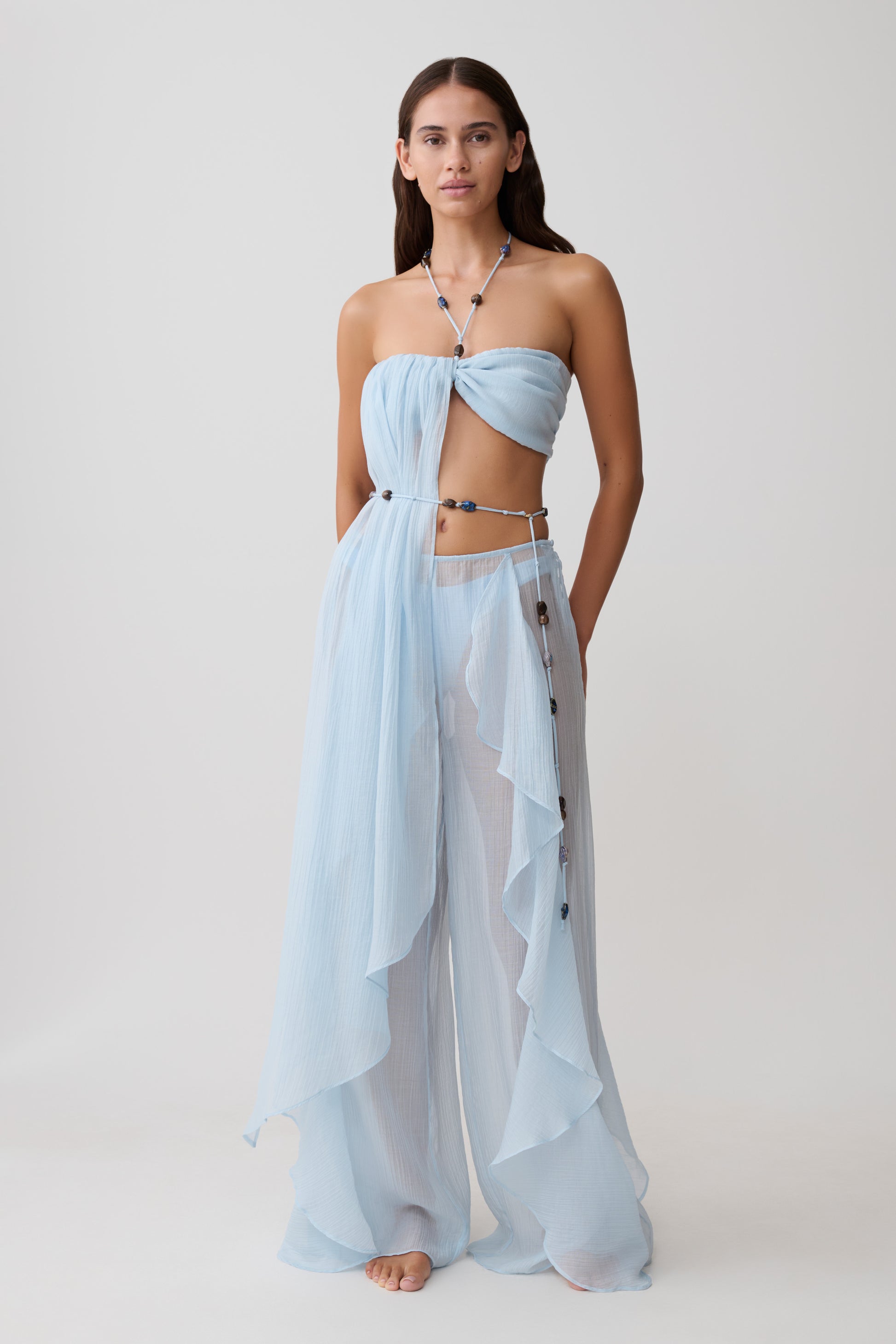 Kai Beaded Draped Scarf Top - Pale Blue #9
