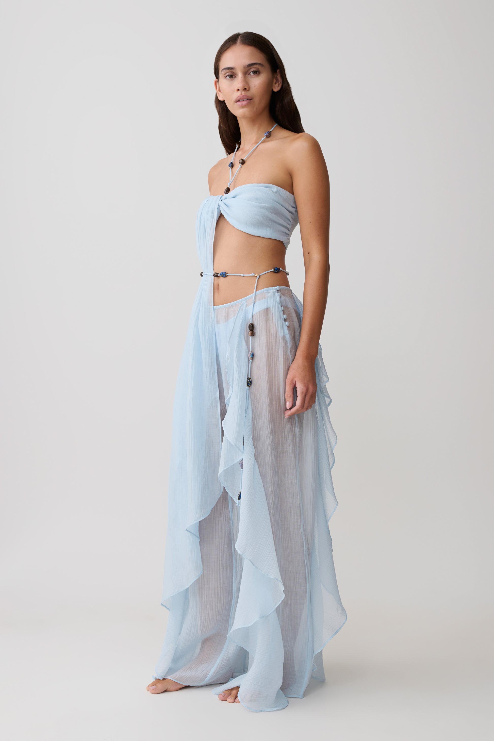 Kai Beaded Draped Scarf Top - Pale Blue #7
