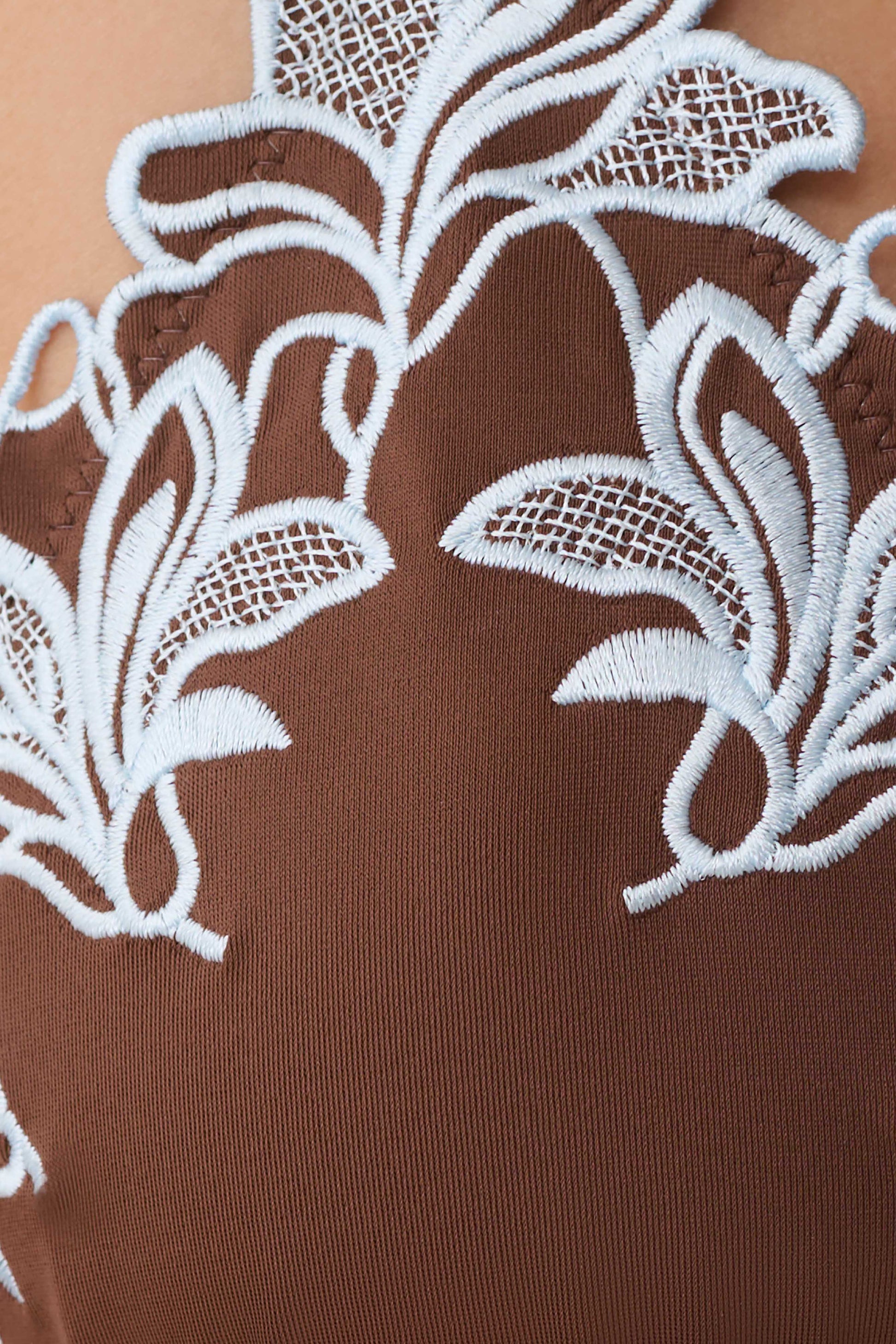 Bloom Embroidered Triangle Bikini Top - Chocolate With Pale Blue Embroidery #11