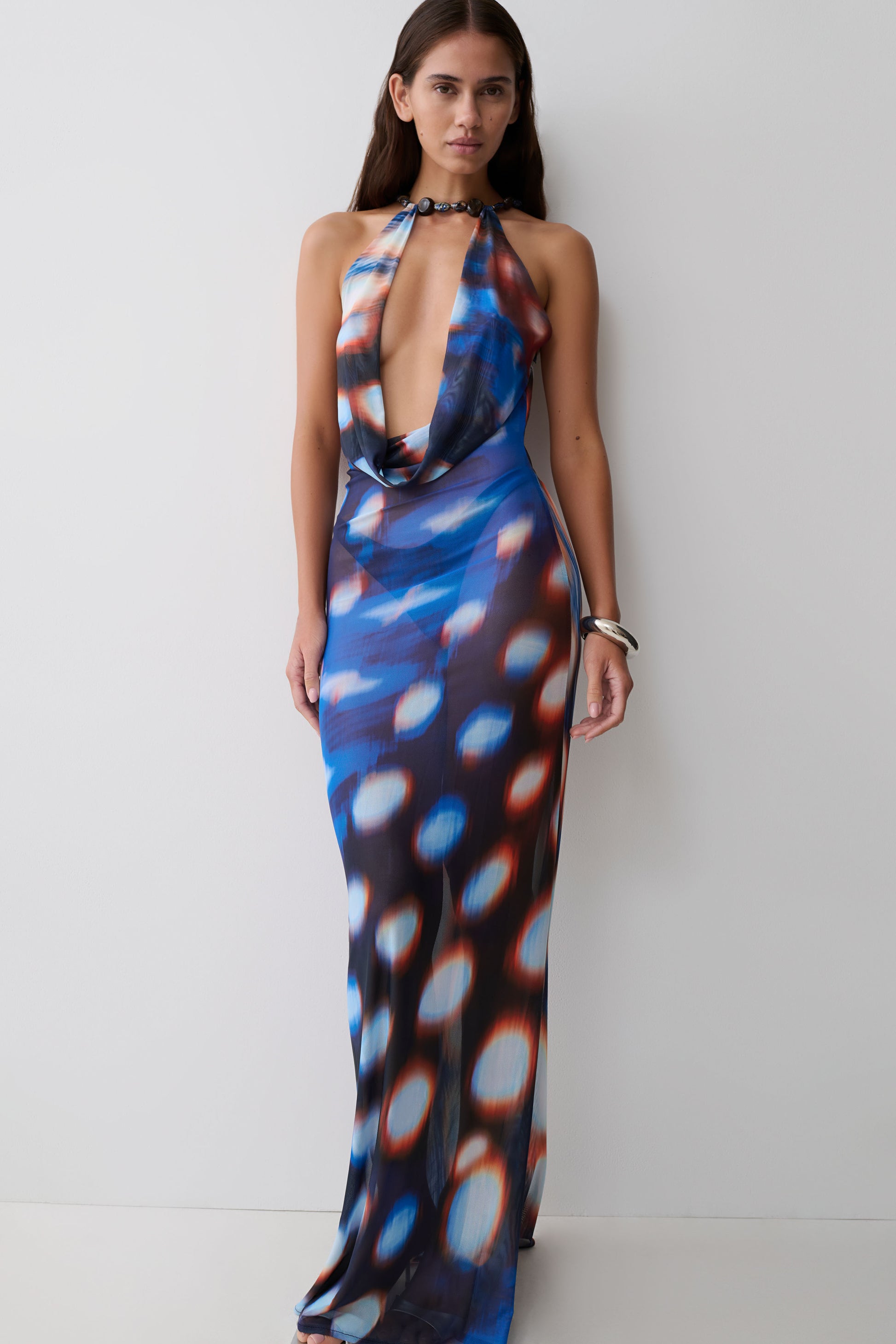 Ethel Mesh Cowl Plunge Maxi - Blue Abstract Print #3