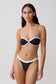 Woman wearing a black and white bikini set.