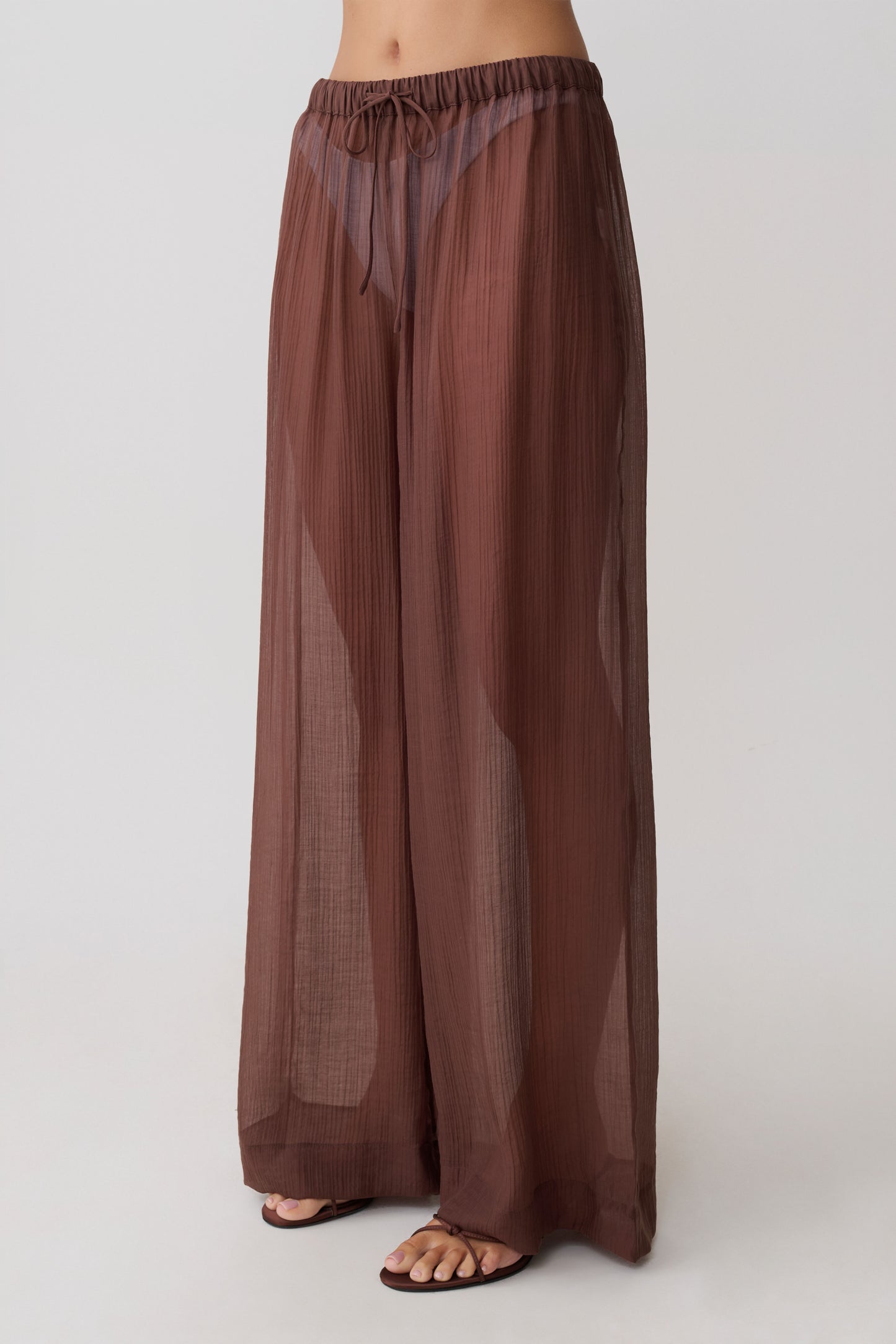 Leilani Sheer Drawstring Wide Leg Pants - Chocolate