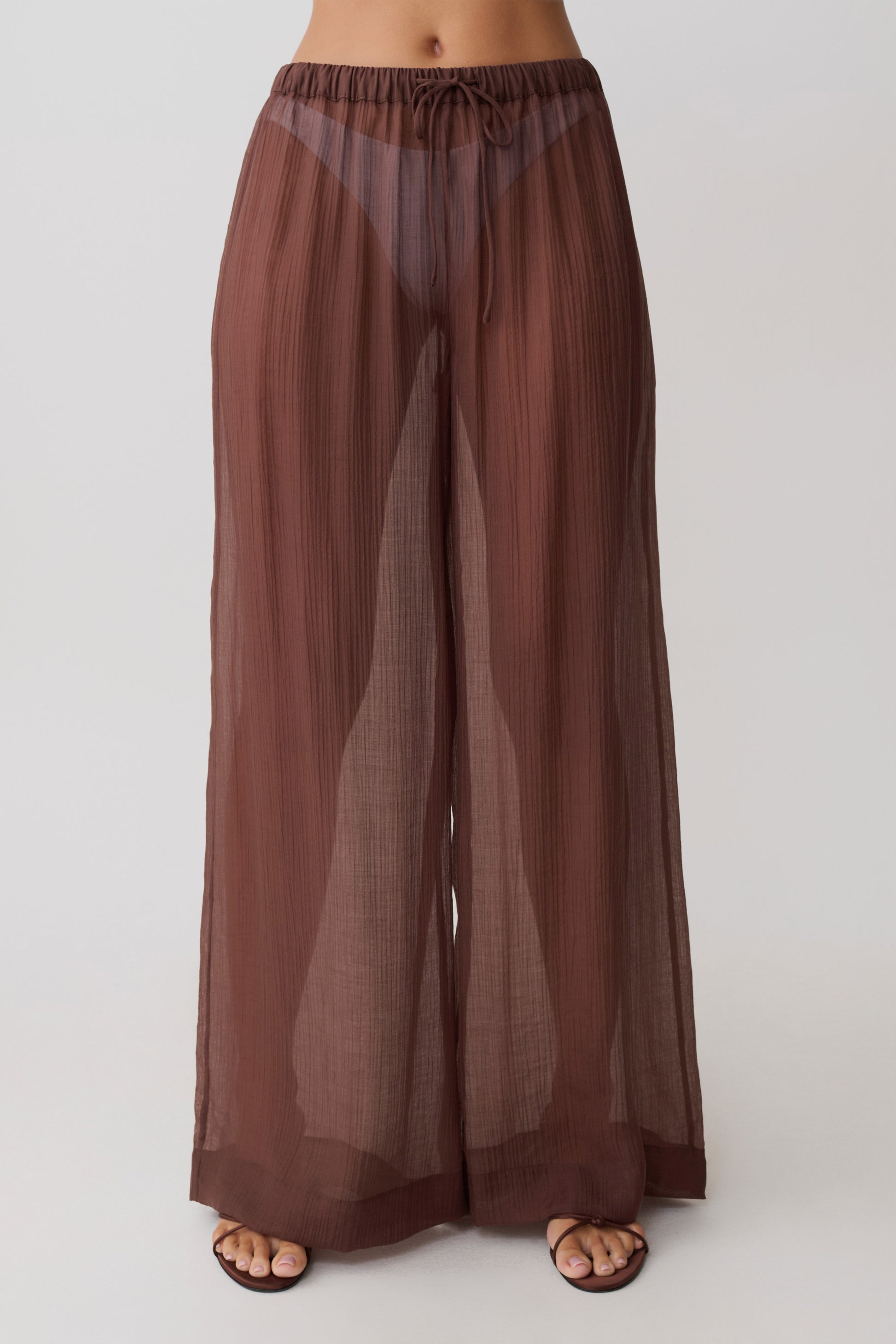 Leilani Sheer Drawstring Wide Leg Pants - Chocolate #9
