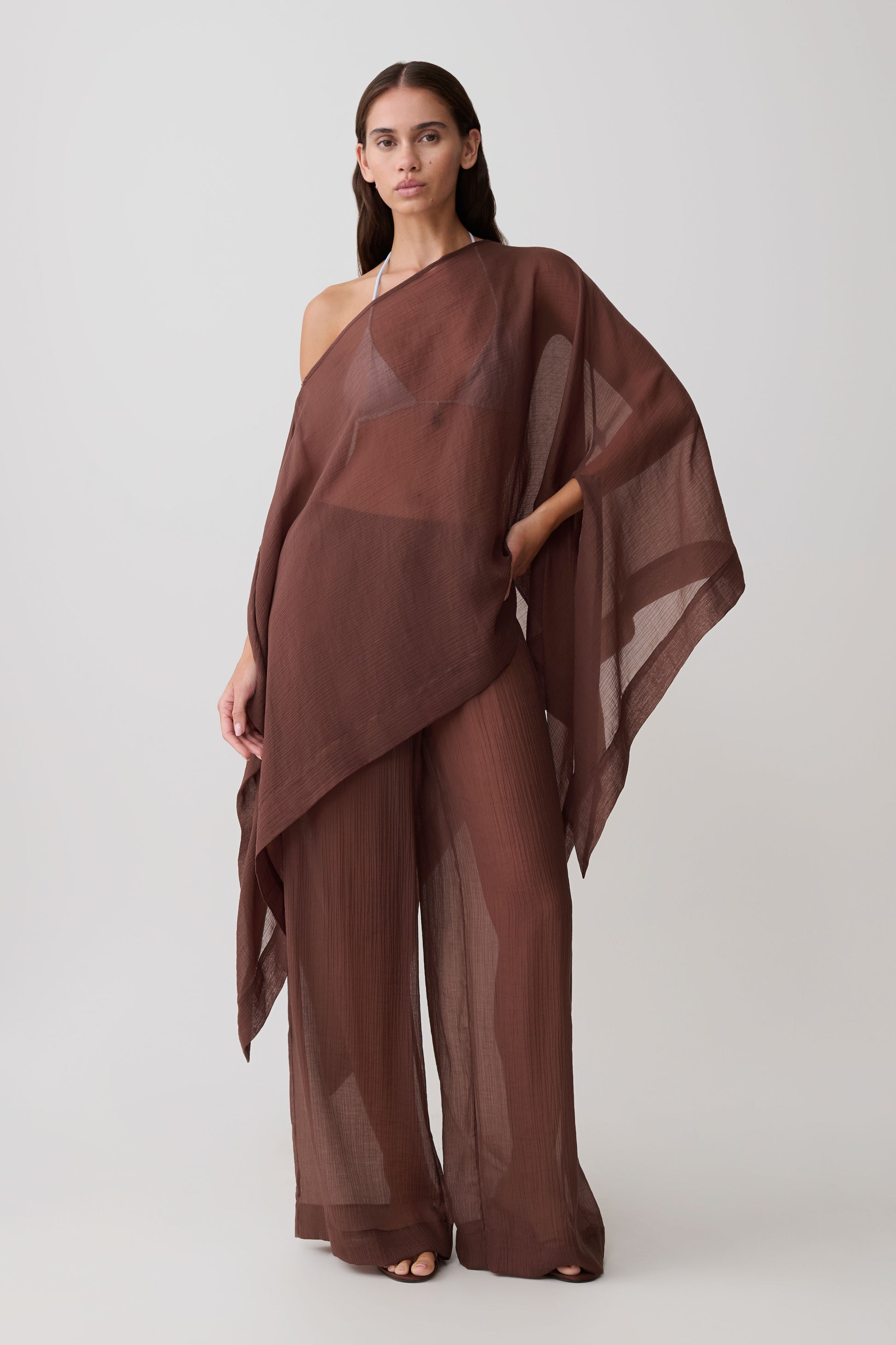 Leilani Sheer Draped Asymmetric Top - Chocolate #5