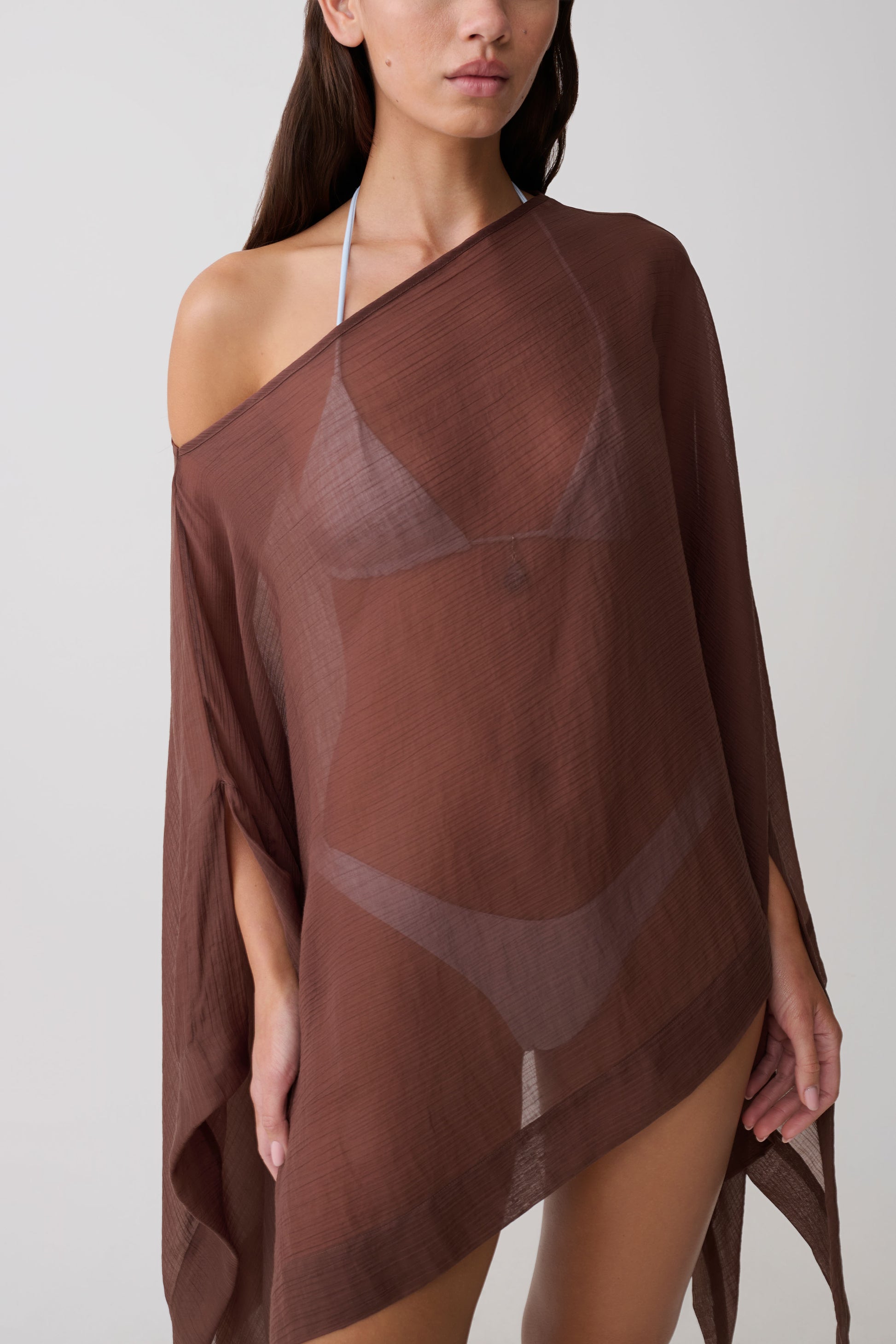 Leilani Sheer Draped Asymmetric Top - Chocolate #7