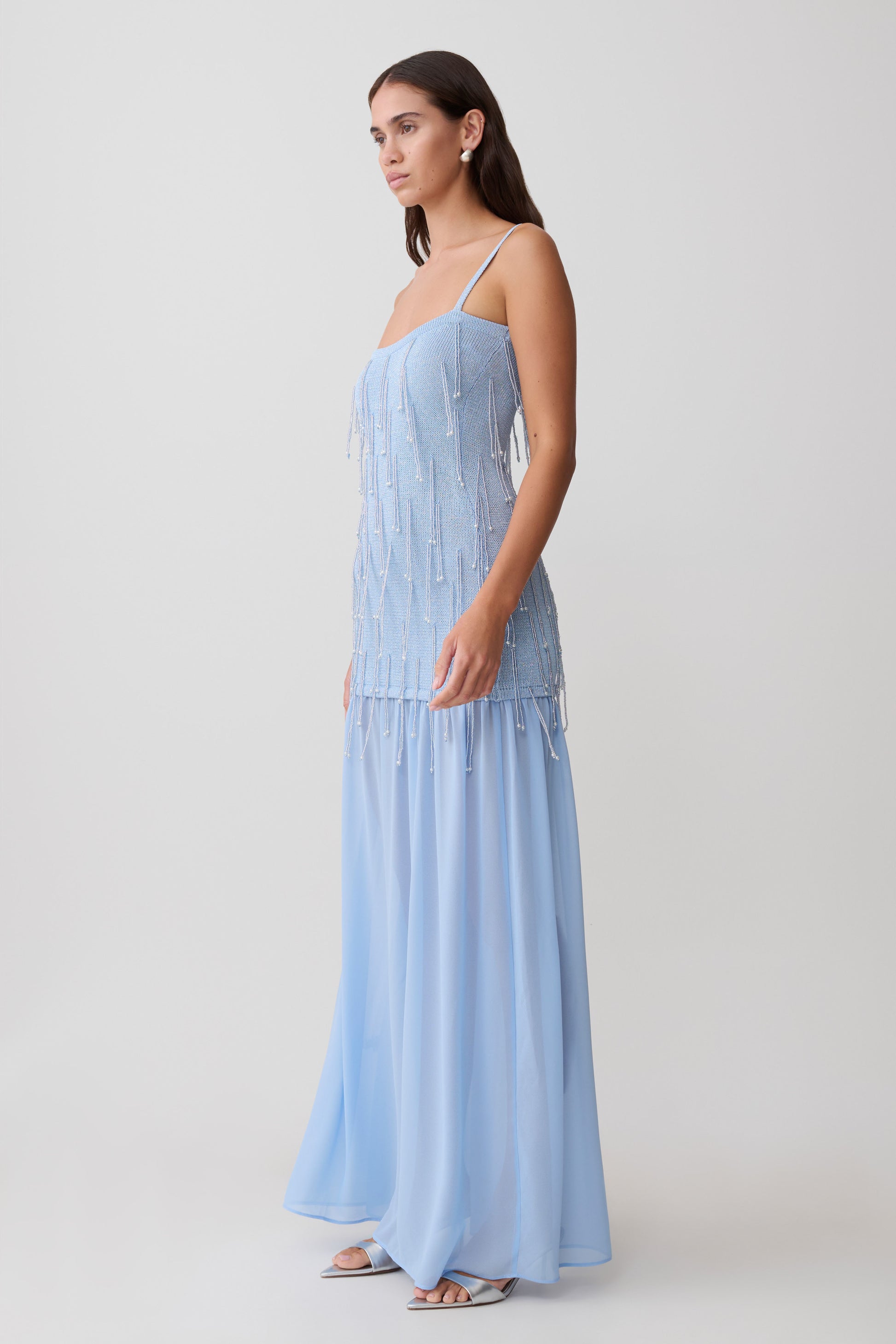 Belinda Beaded Knit & Chiffon Maxi Dress - Light Blue #4