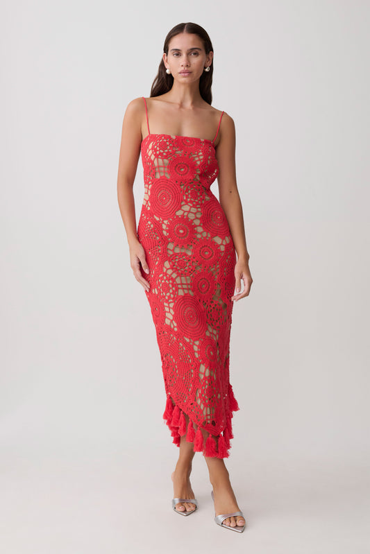 Delta Crochet Halter Midi Dress - Red