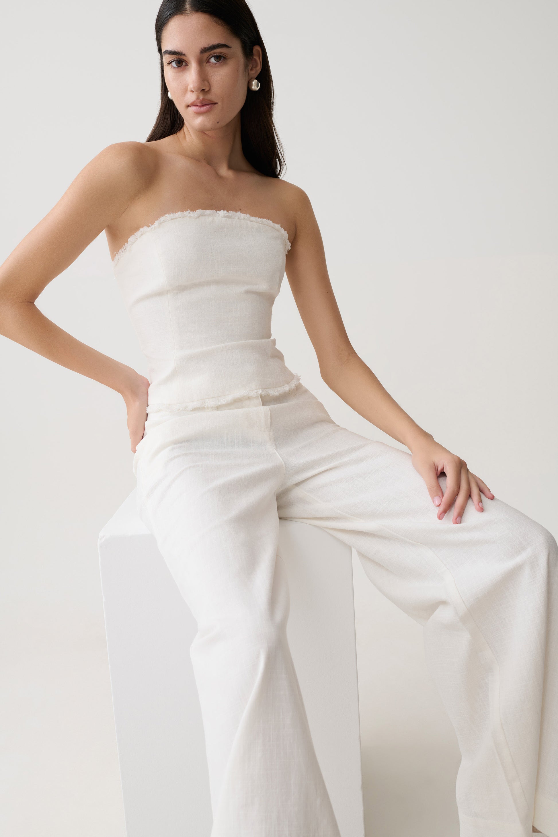 Brielle Straight Leg Linen Pant - White #8