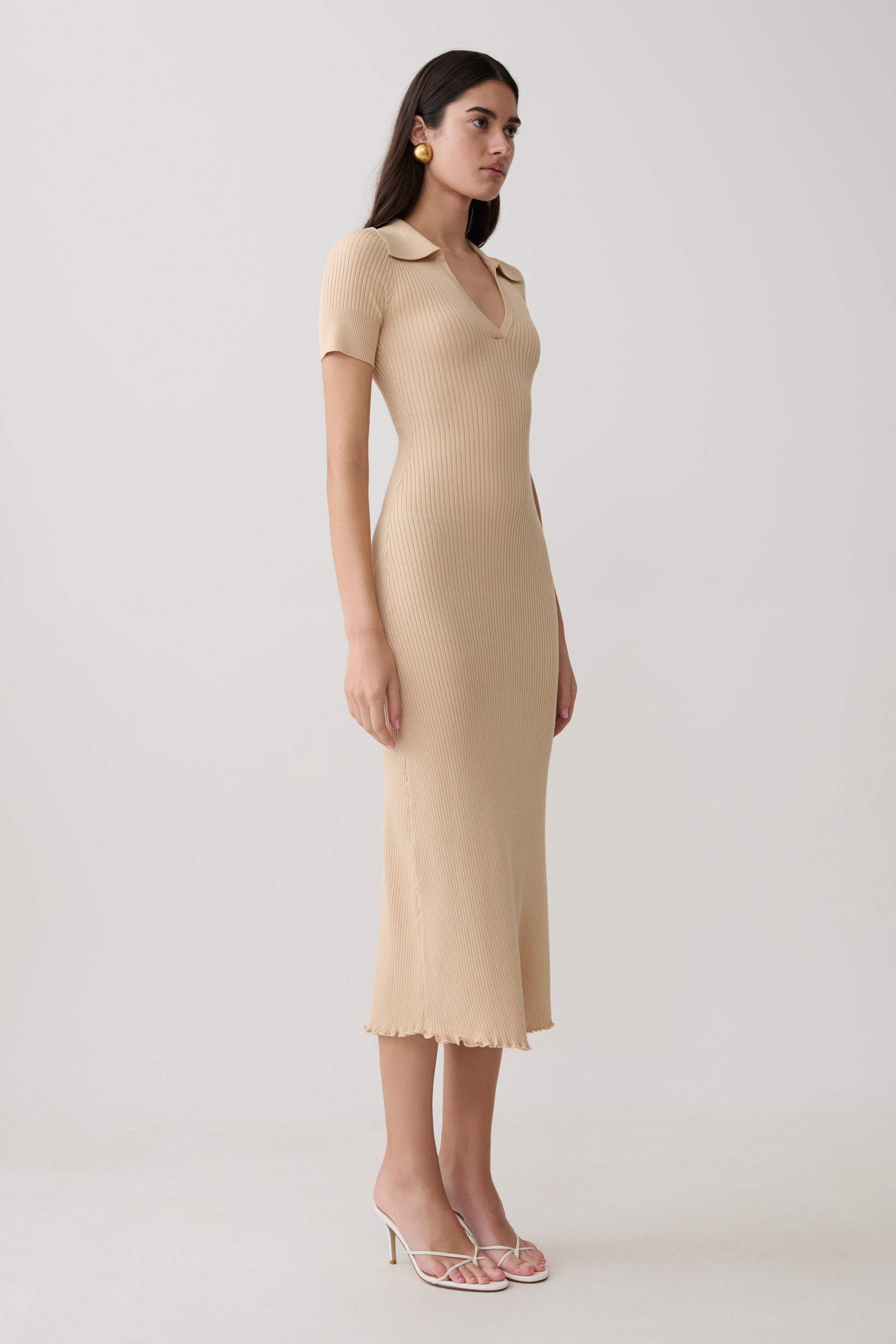 Nichelle Short Sleeve Collared Knit Midi Dress - Natural #4