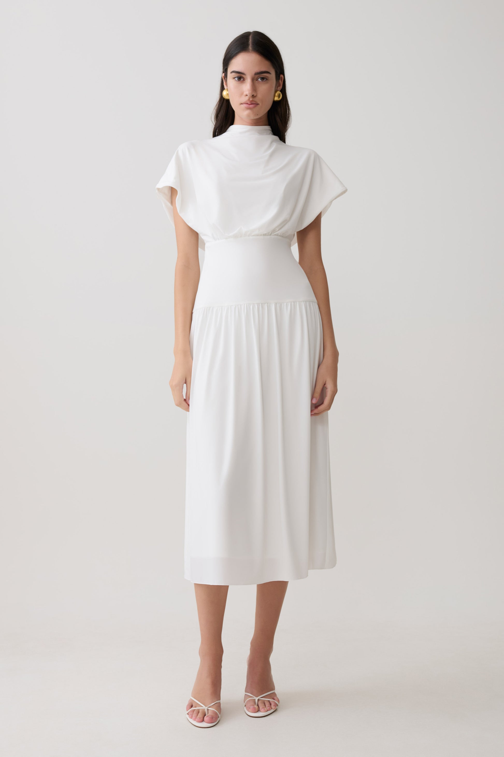 Ailla High Neck Cowl Midi Dress - White #4