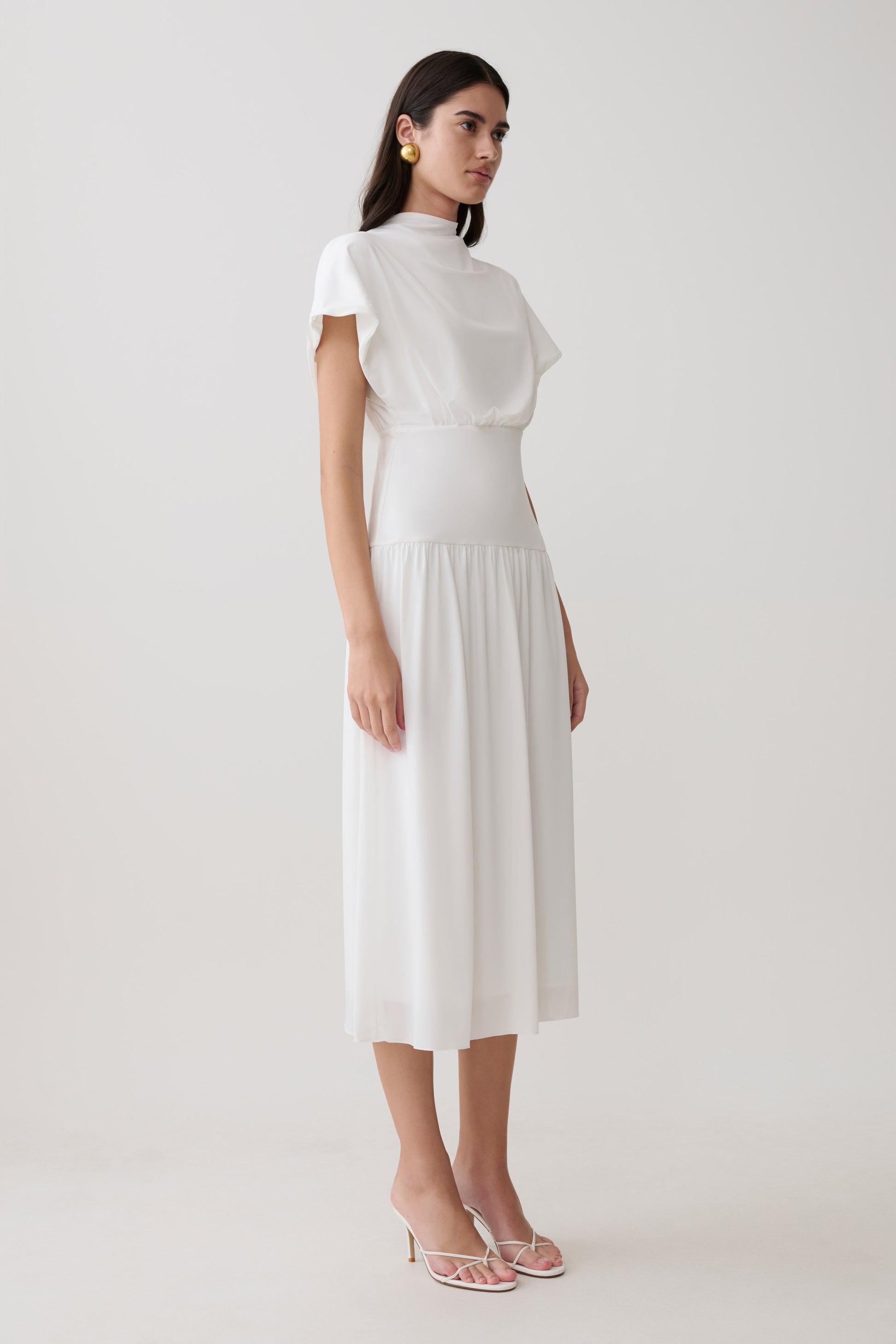Ailla High Neck Cowl Midi Dress - White #3