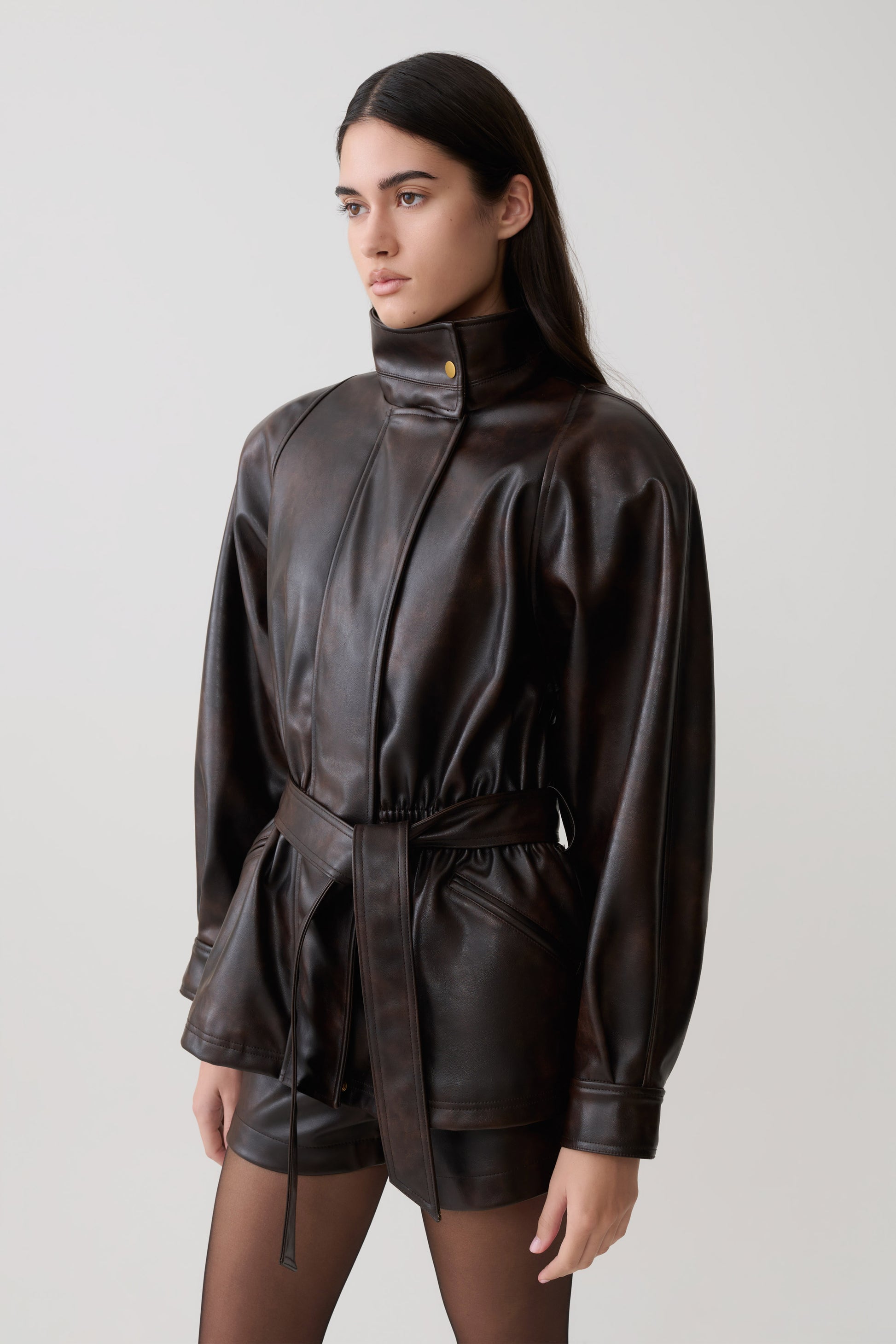 Adaline Faux Leather Cinch Waist Jacket - Dark Chocolate #5