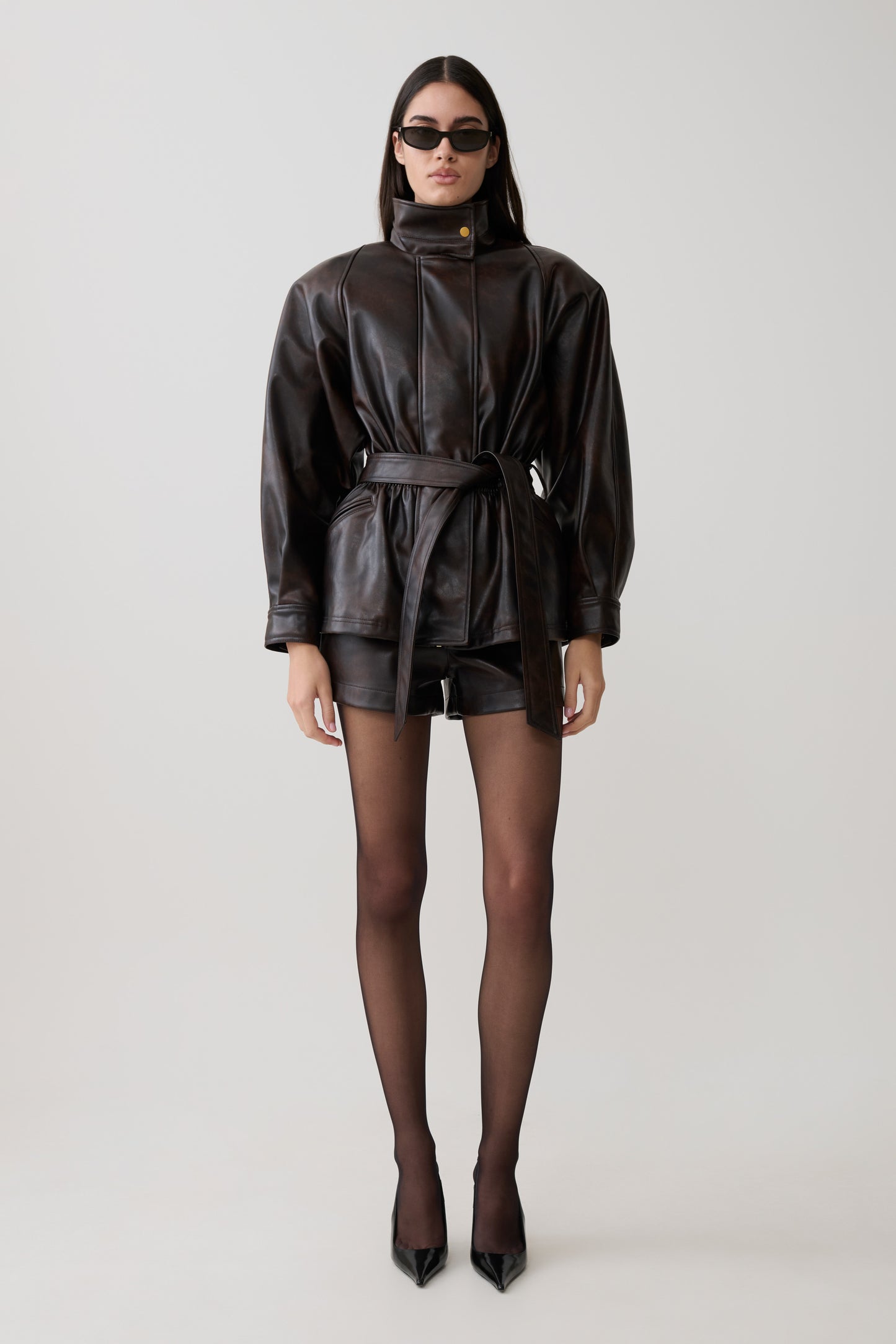 Adaline Faux Leather Cinch Waist Jacket - Dark Chocolate