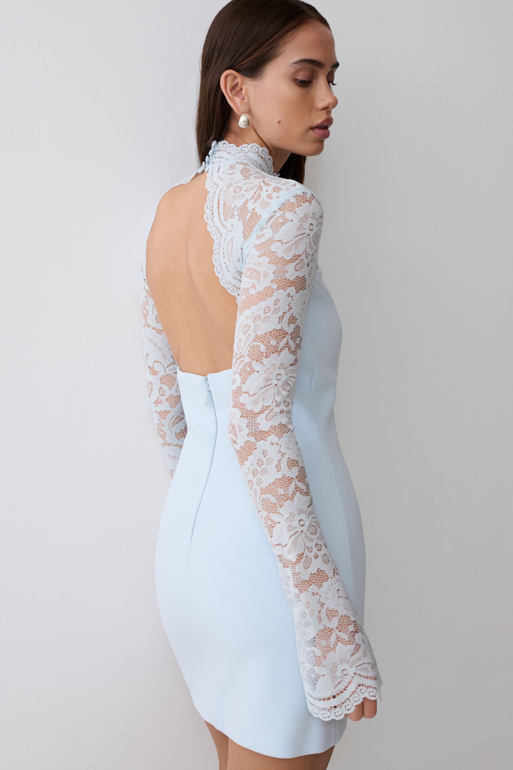 Aurelie Long Sleeve Lace Mini Dress - Sky Blue Aurelie Long Sleeve Lace Mini Dress - Sky Blue