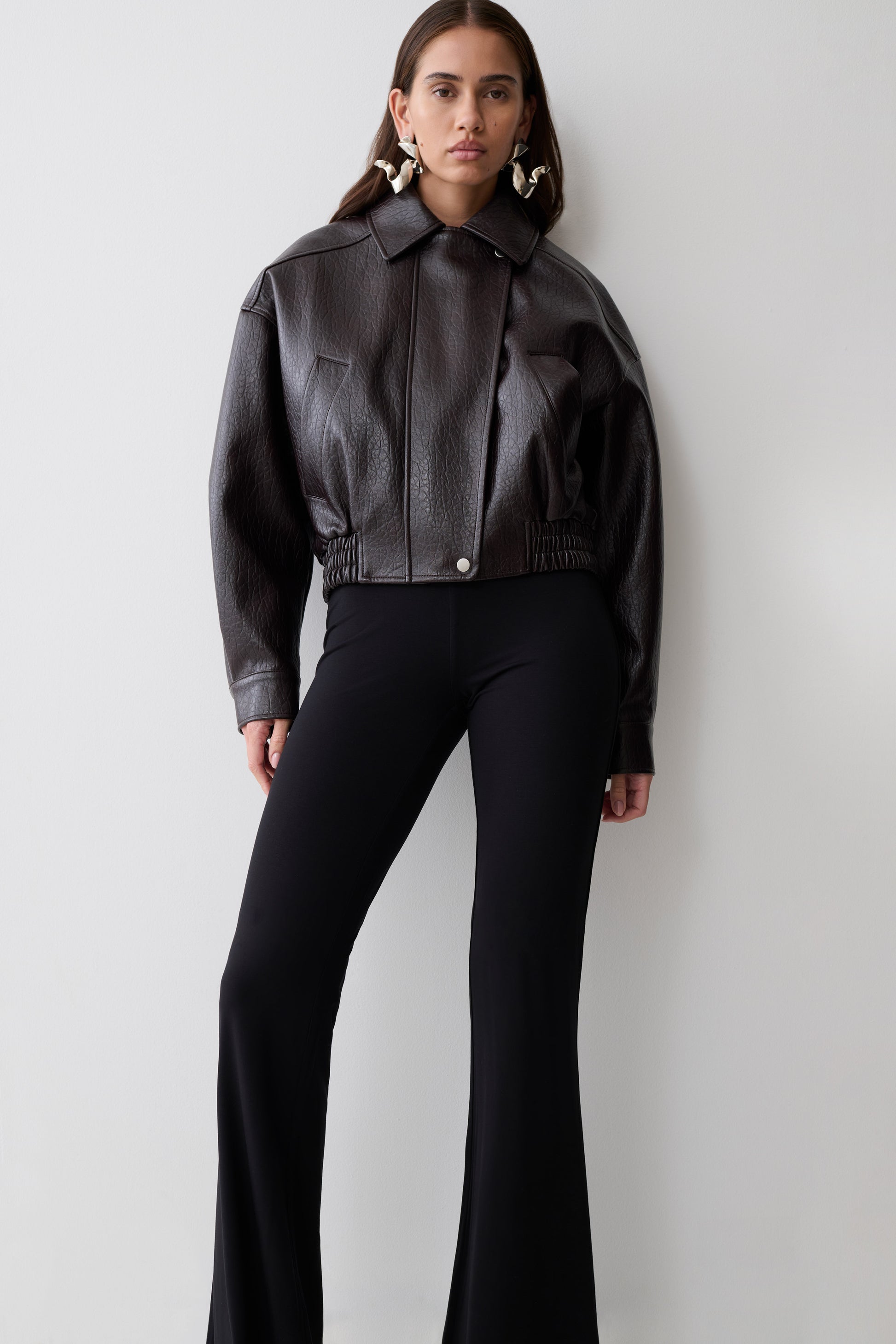Paige Faux Leather Cropped Jacket - Cherry Brown #3