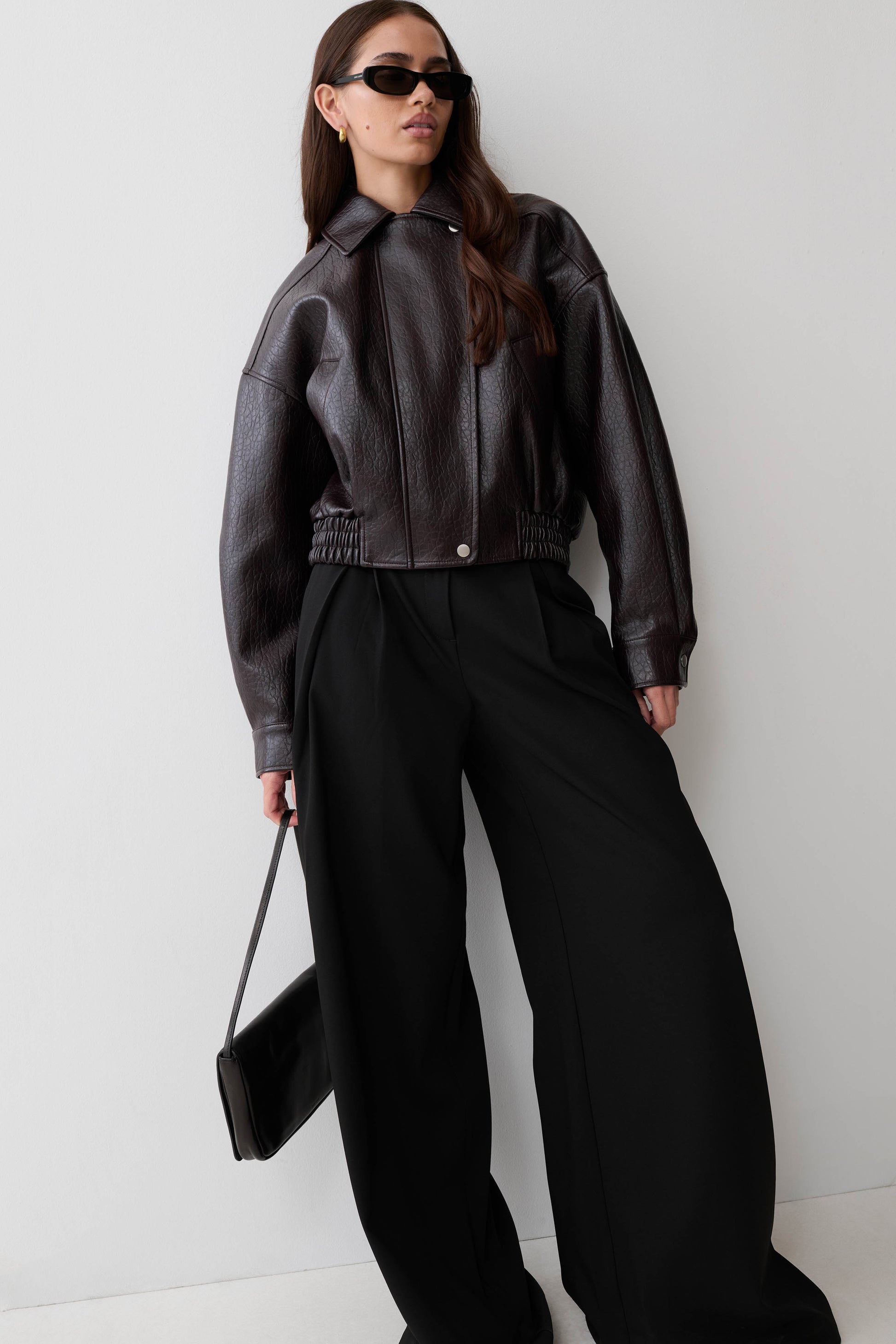 Paige Faux Leather Cropped Jacket - Cherry Brown #8