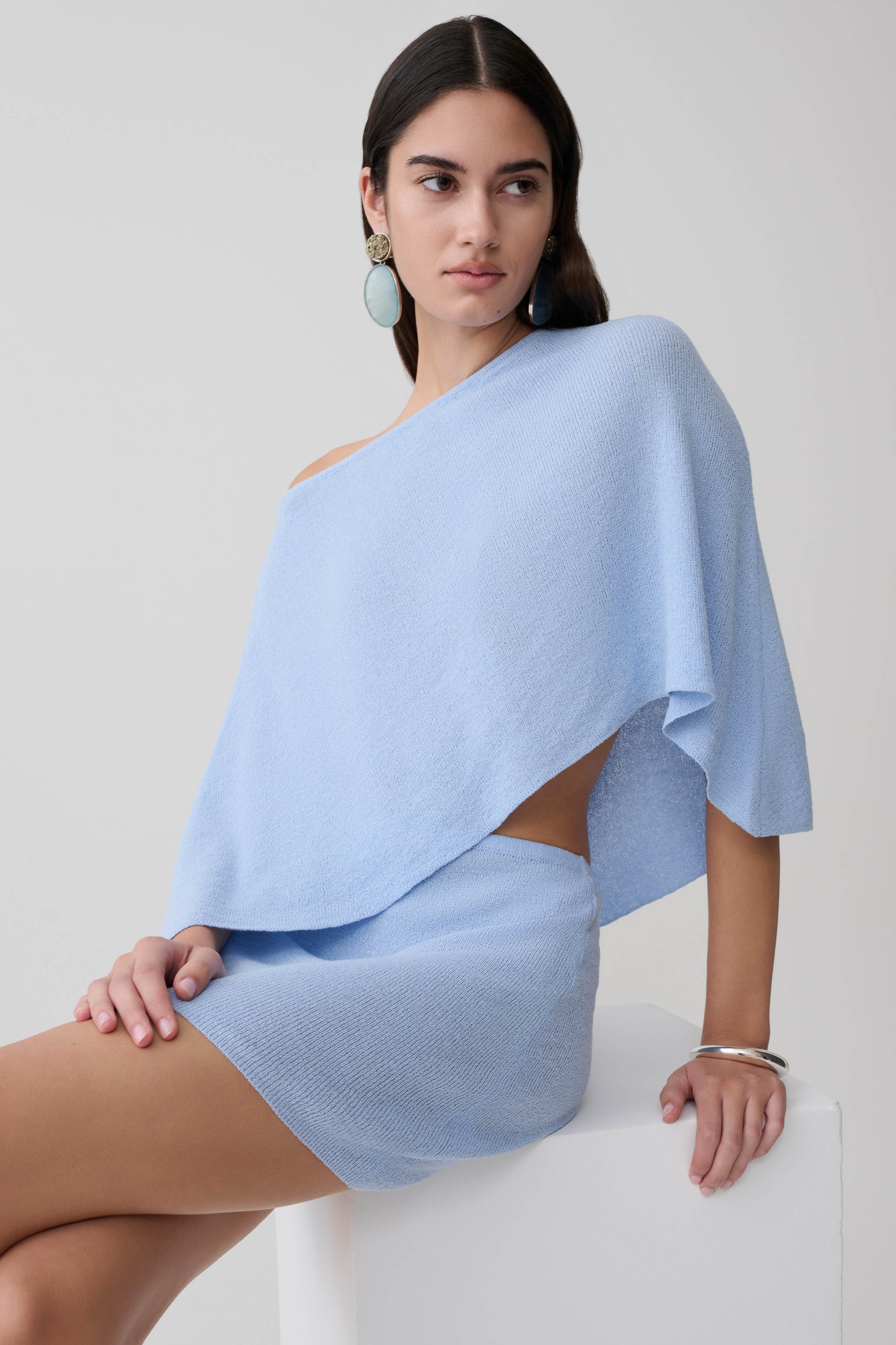 Loura One Shoulder Knit Cape Top - Cornflower Blue #3