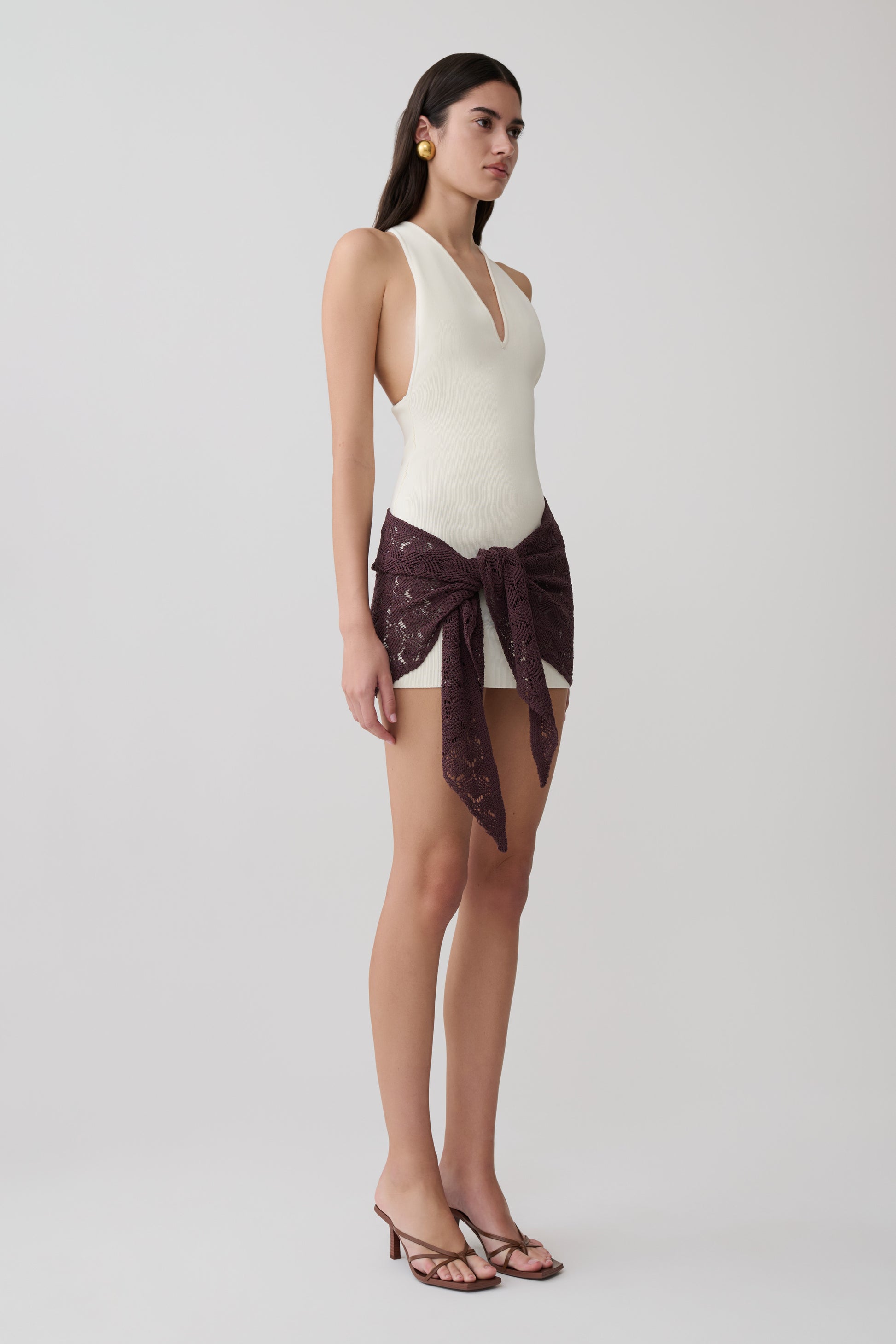 Mollie Mini Dress With Crochet Overlay - White/Chocolate #4