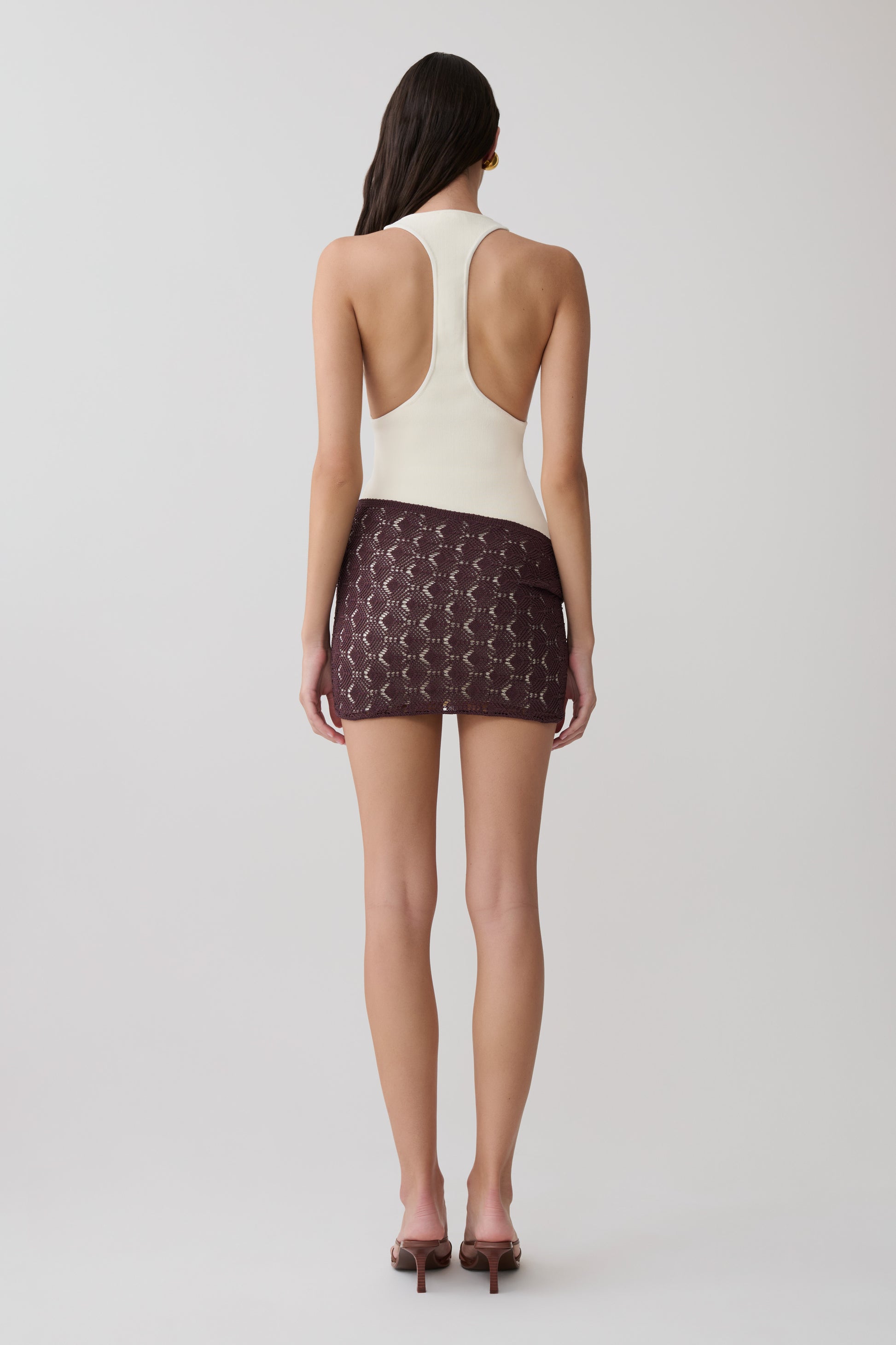 Mollie Mini Dress With Crochet Overlay - White/Chocolate #2