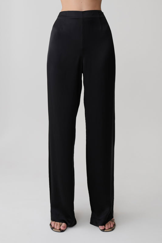 Sydney Straight Leg Satin Pants - Black