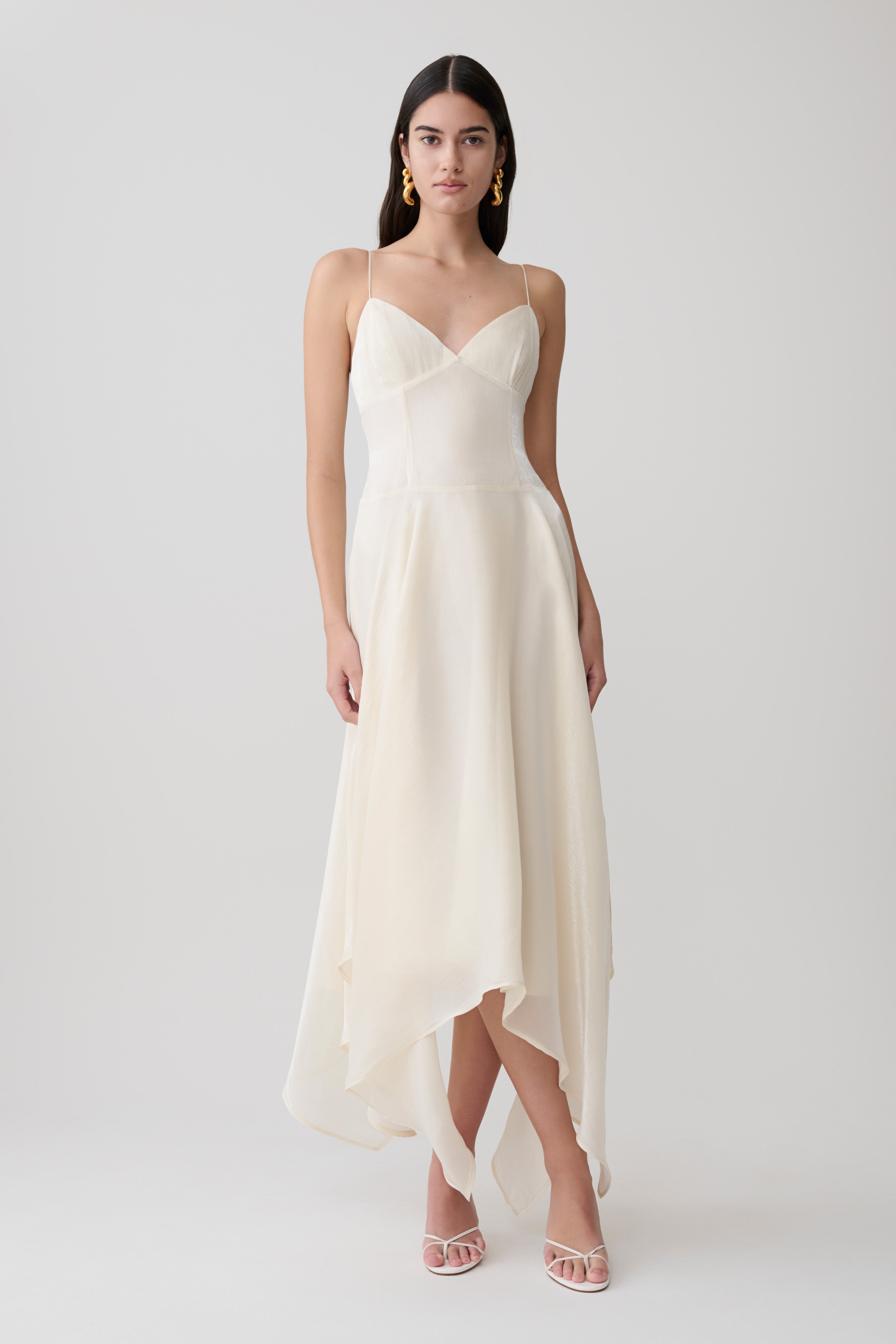 Naomi Satin Asymmetric Hem Maxi Dress - Ivory | MESHKI