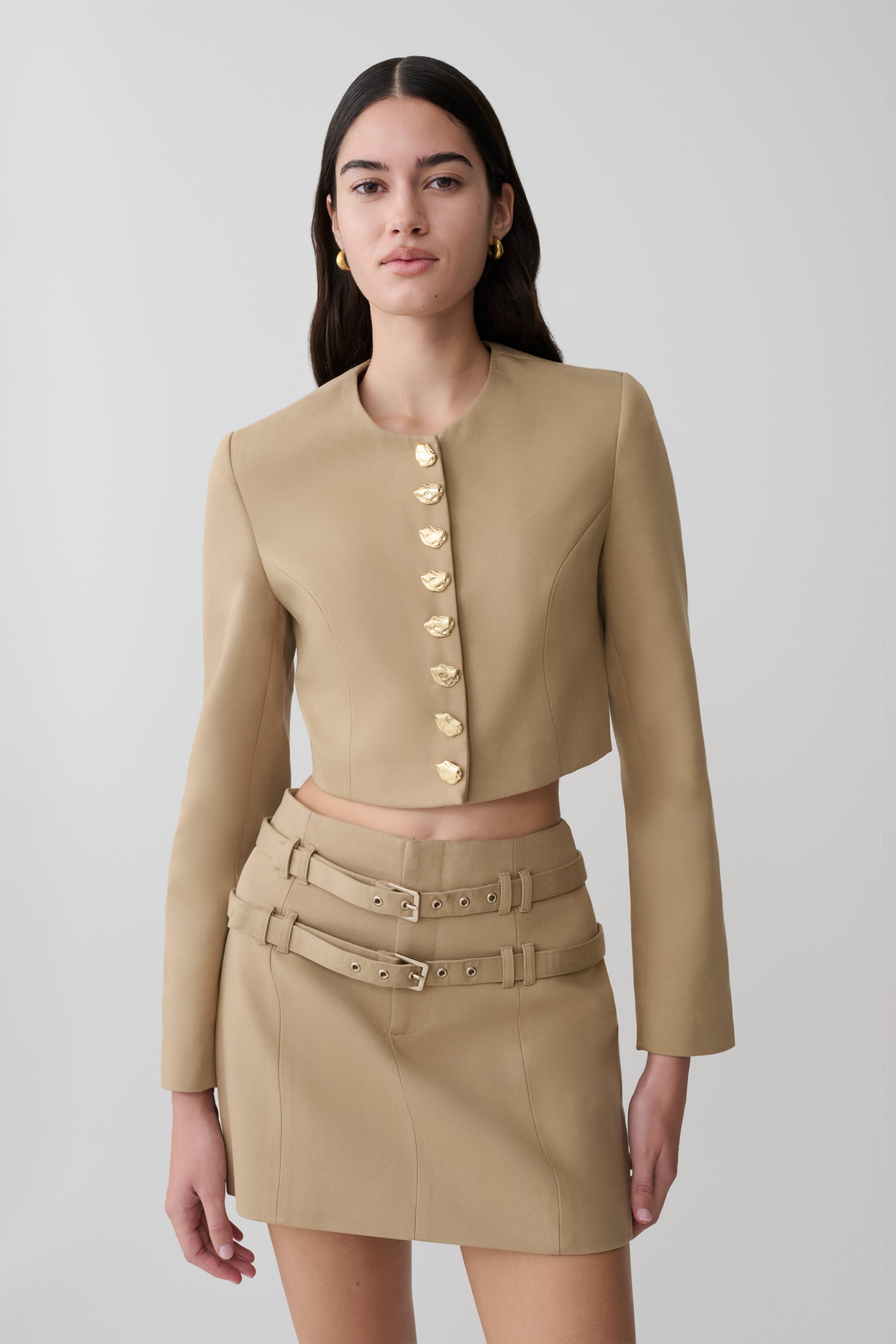 Marielle Button Up Cropped Jacket - Taupe | MESHKI