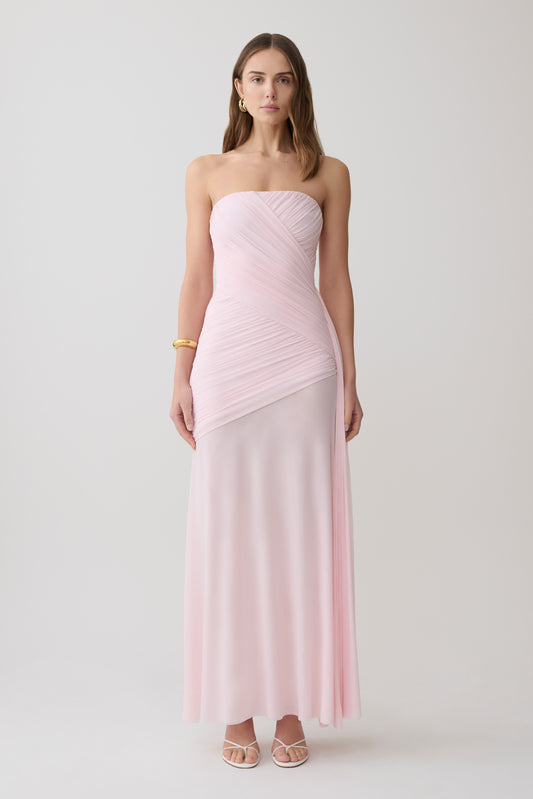 Monet Strapless Ruched Mesh Maxi Dress - Ballet Pink