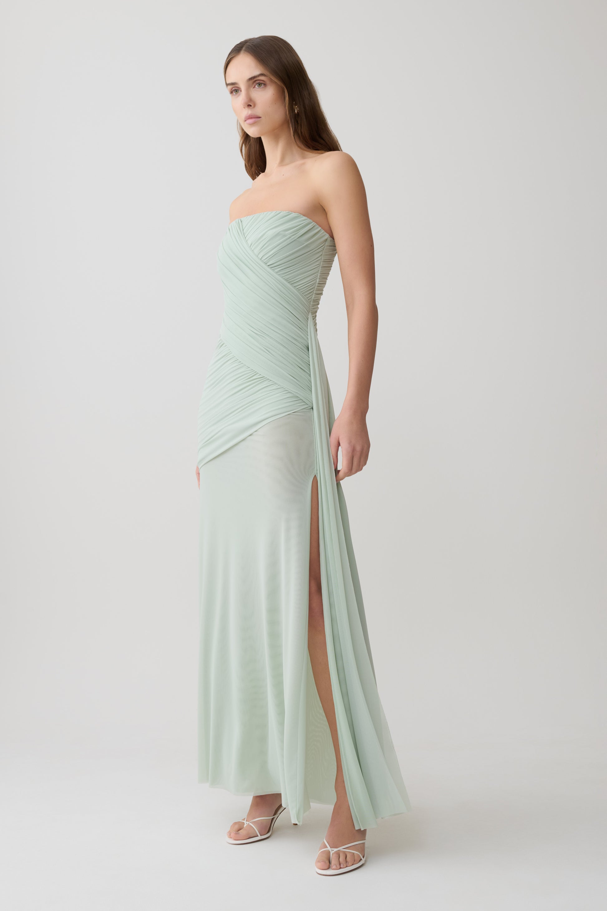 Monet Strapless Ruched Mesh Maxi Dress - Aqua Grey #4