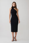 Woman wearing a black one shoulder tie midi dress.