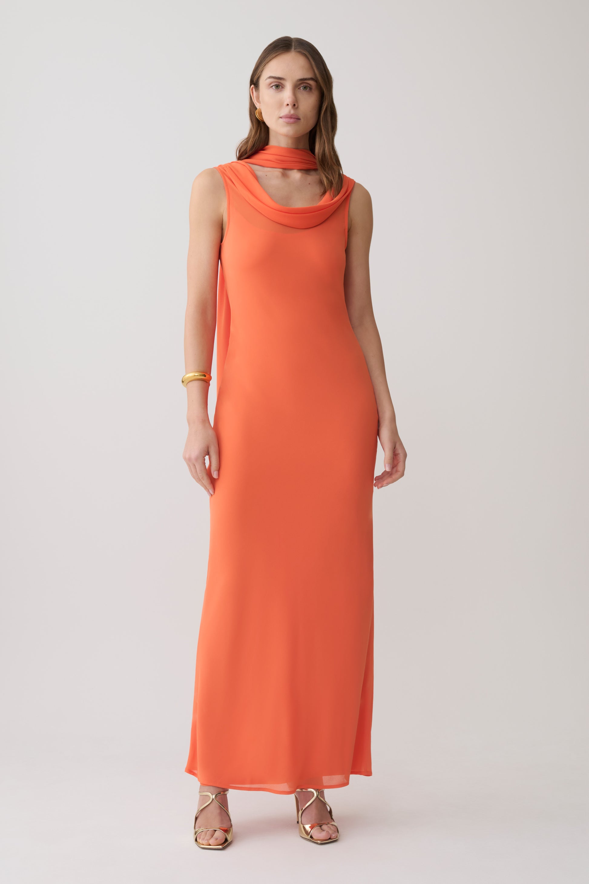 Dakota Chiffon Maxi Dress With Scarf - Orange #5