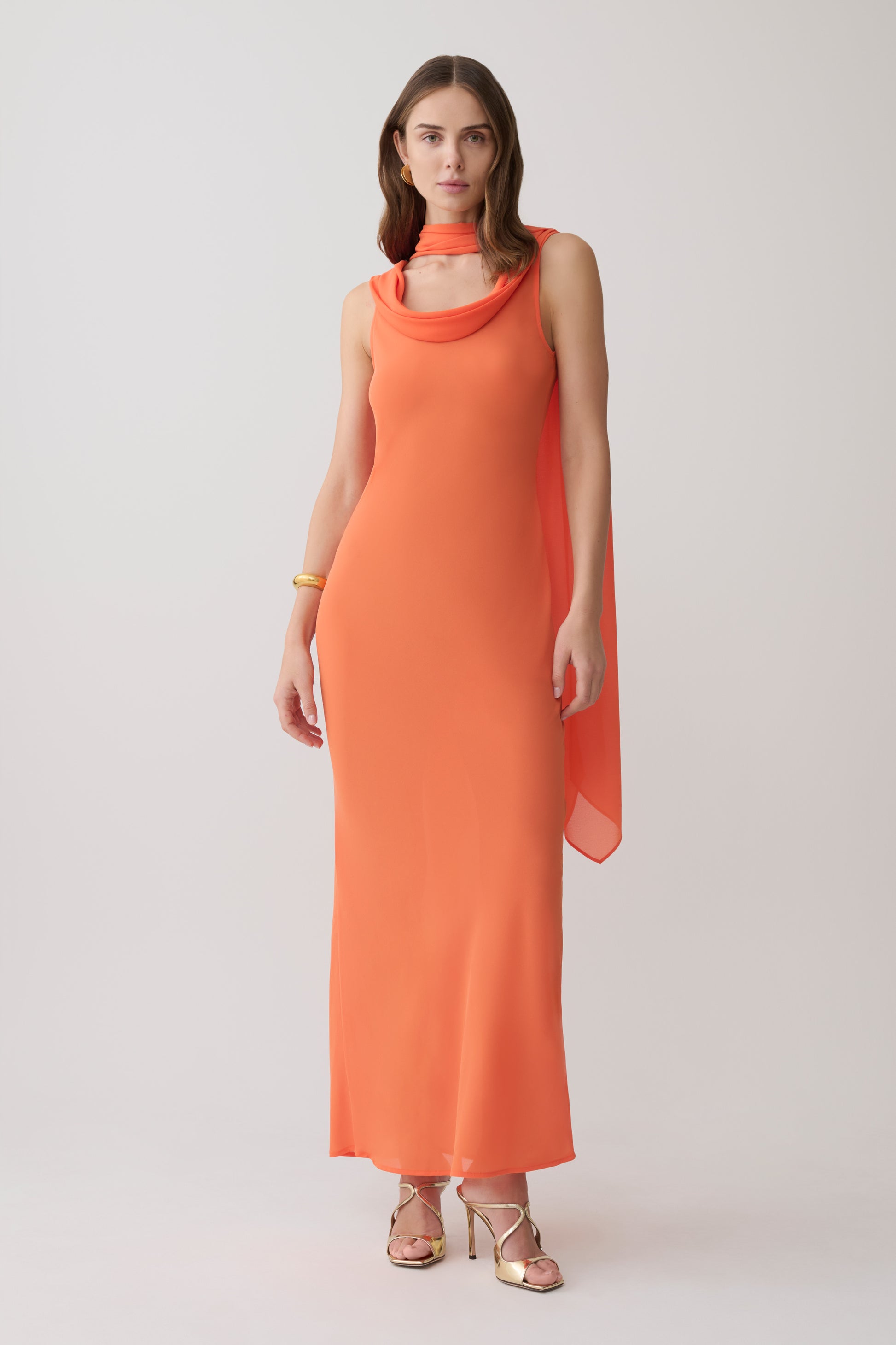 Dakota Chiffon Maxi Dress With Scarf - Orange #7