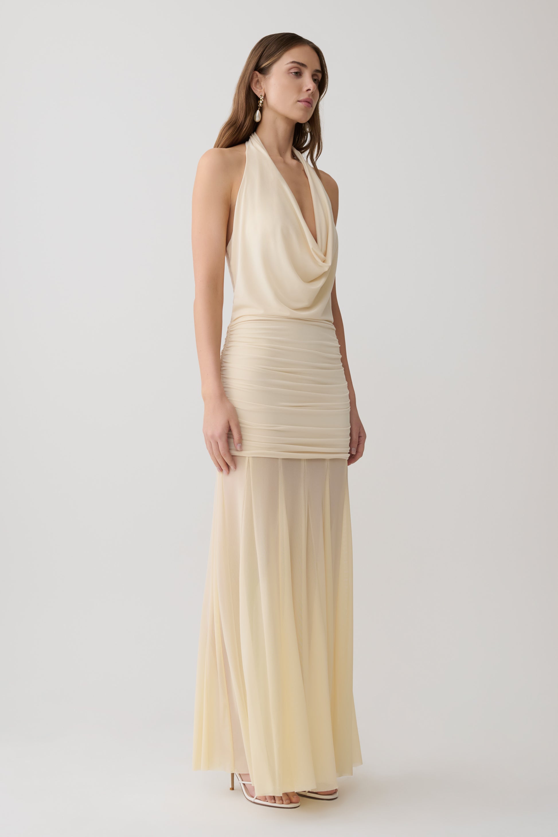 Jorja Draped Halter Slinky Maxi Dress - Ivory #4