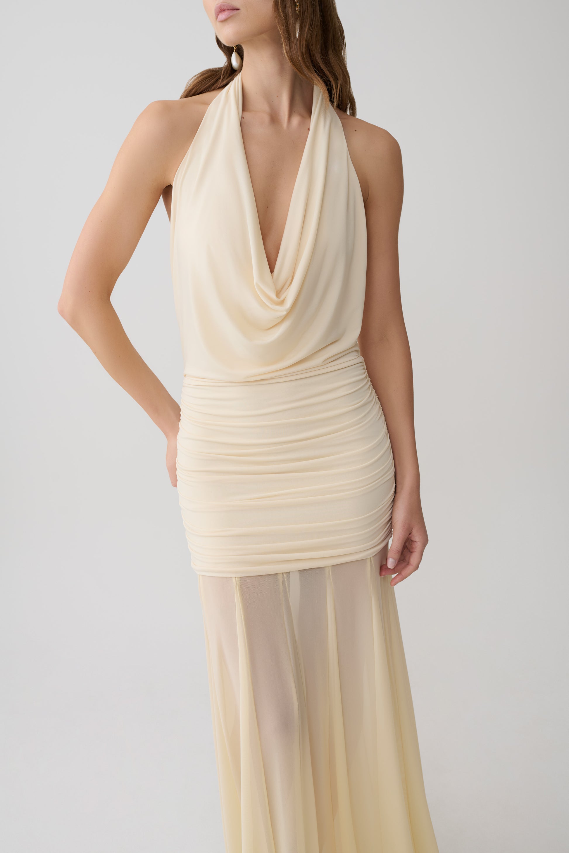 Jorja Draped Halter Slinky Maxi Dress - Ivory #7