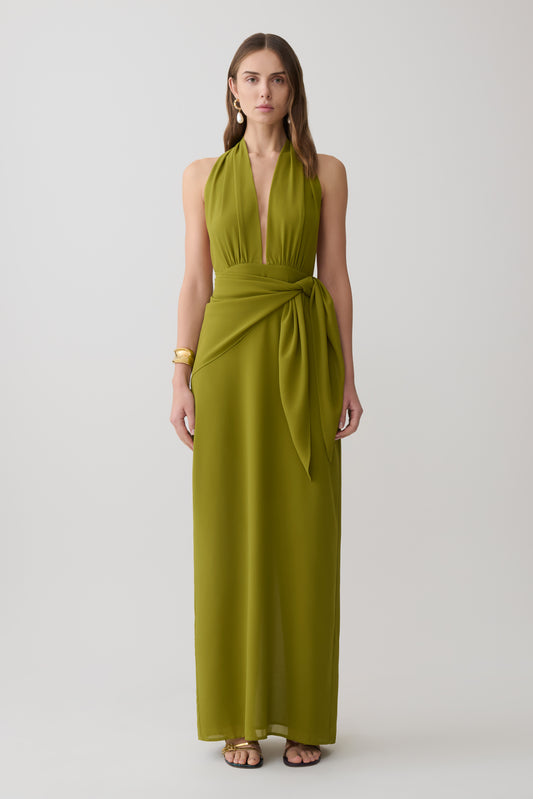 Gianna Satin Halter Maxi Dress - Olive