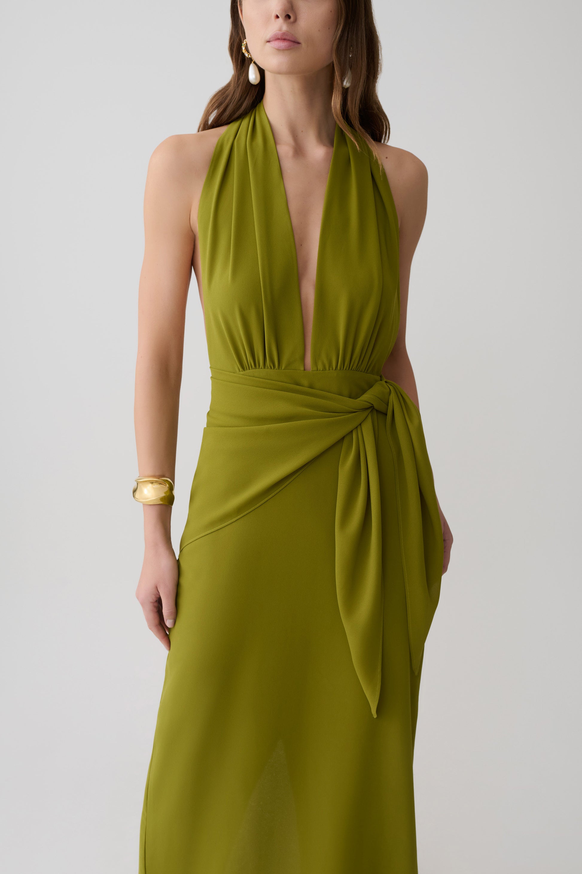 Gianna Satin Halter Maxi Dress - Olive #3