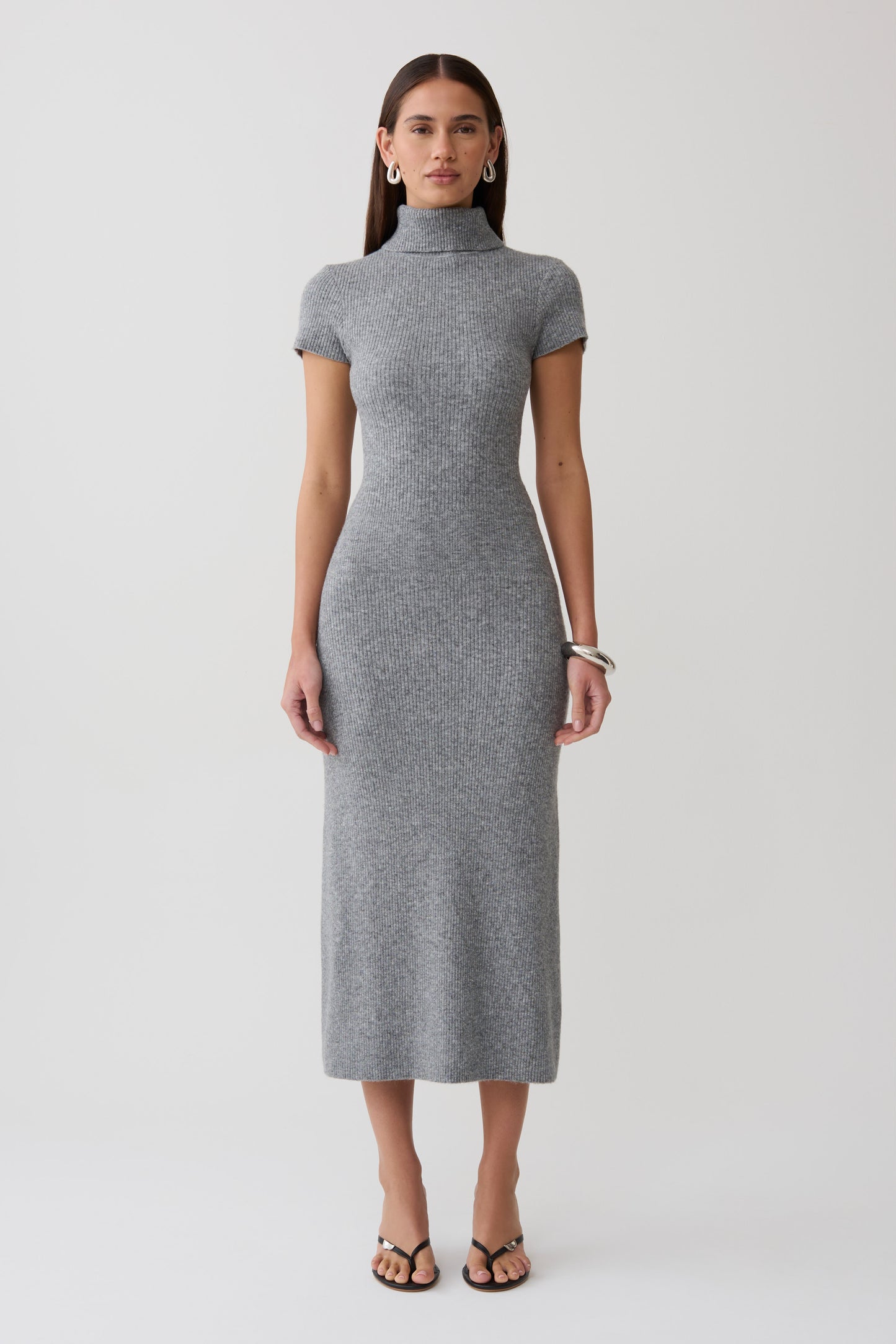 Goldie High Neck Knit Midi Dress - Grey Marle