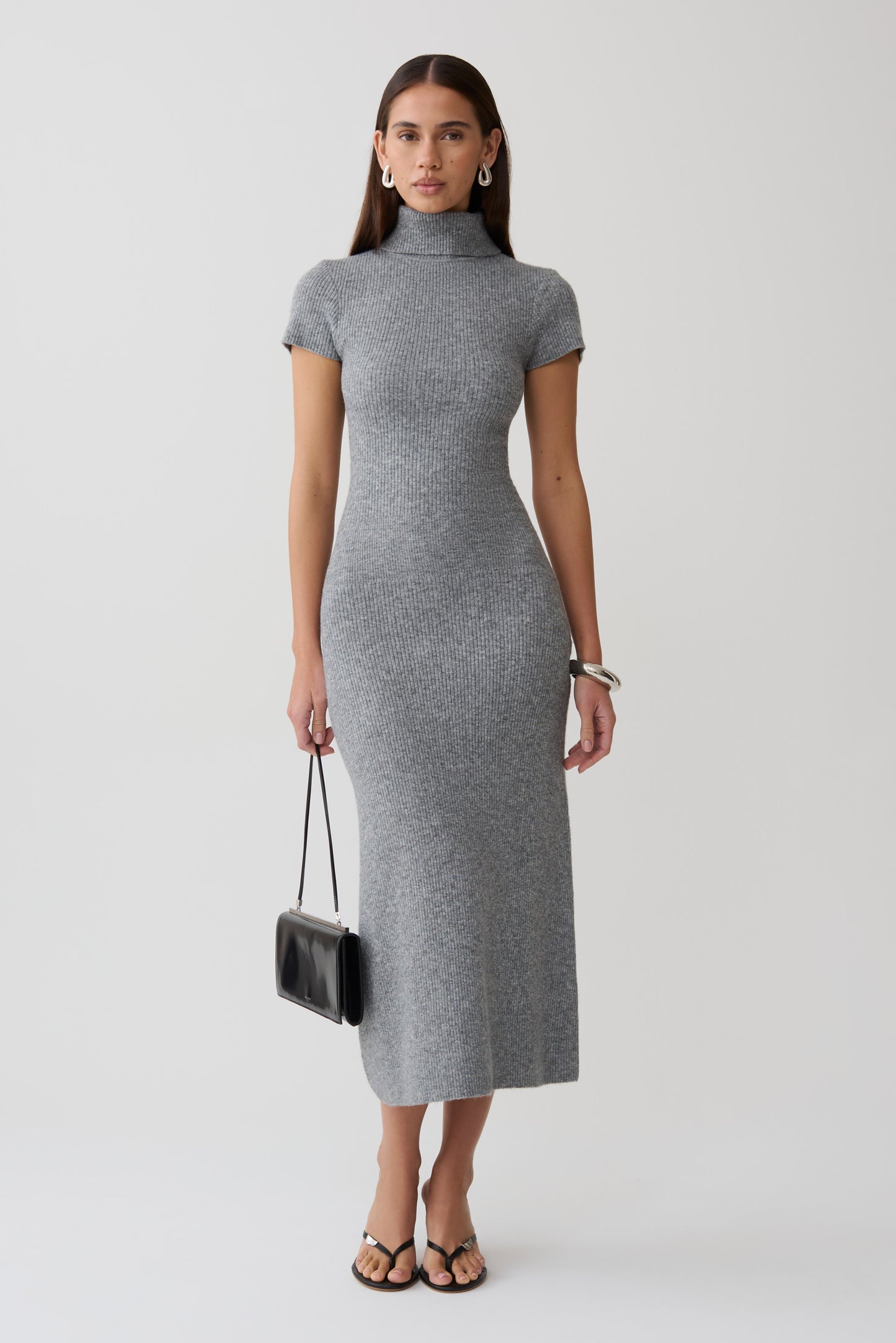 Goldie High Neck Knit Midi Dress - Grey Marle
