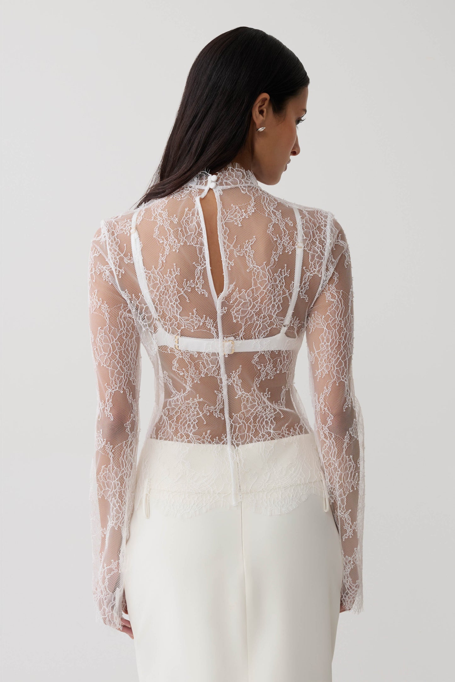Alizette High Neck Long Sleeve Lace Top - Ivory