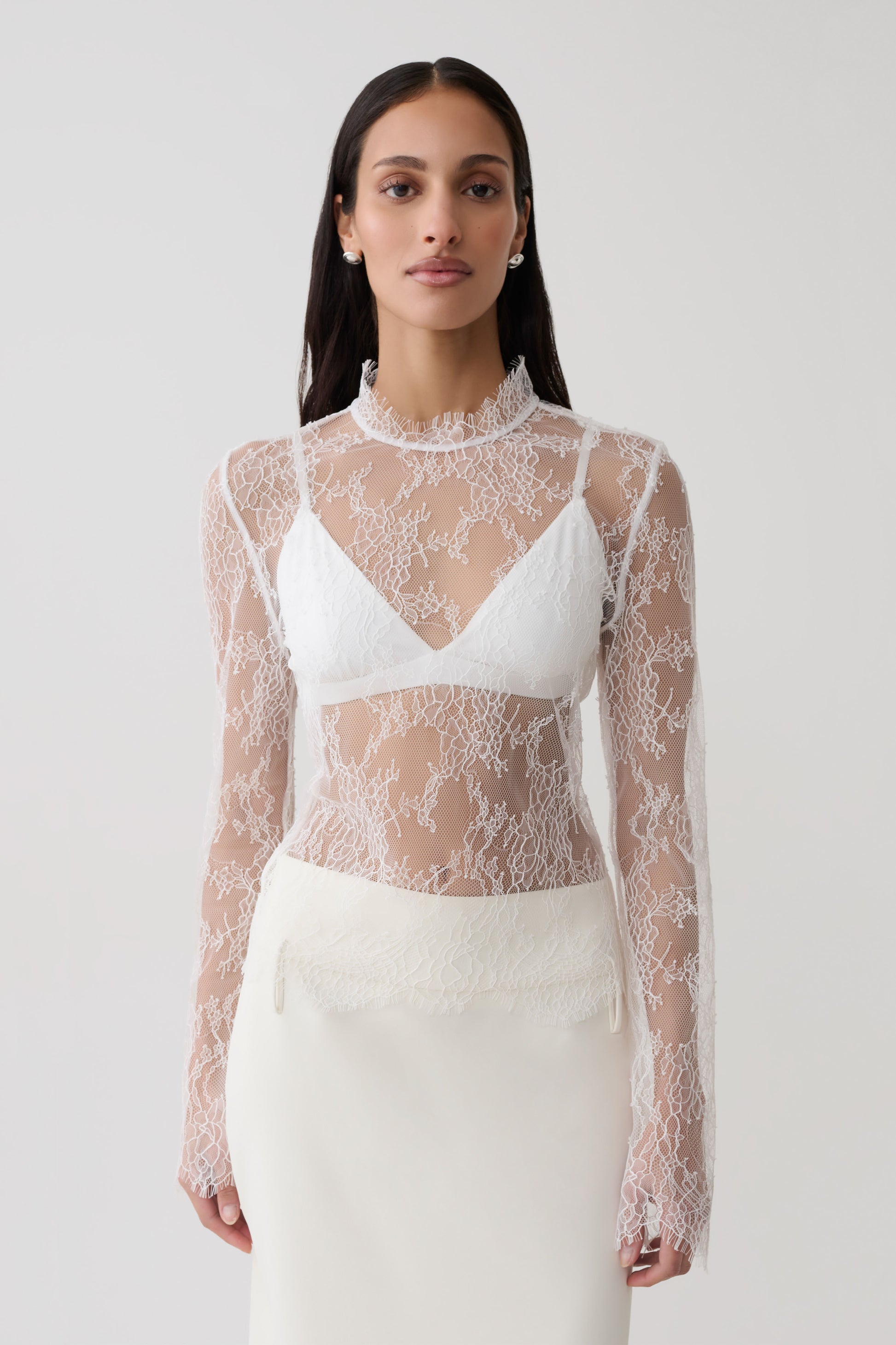 Alizette High Neck Long Sleeve Lace Top - Ivory