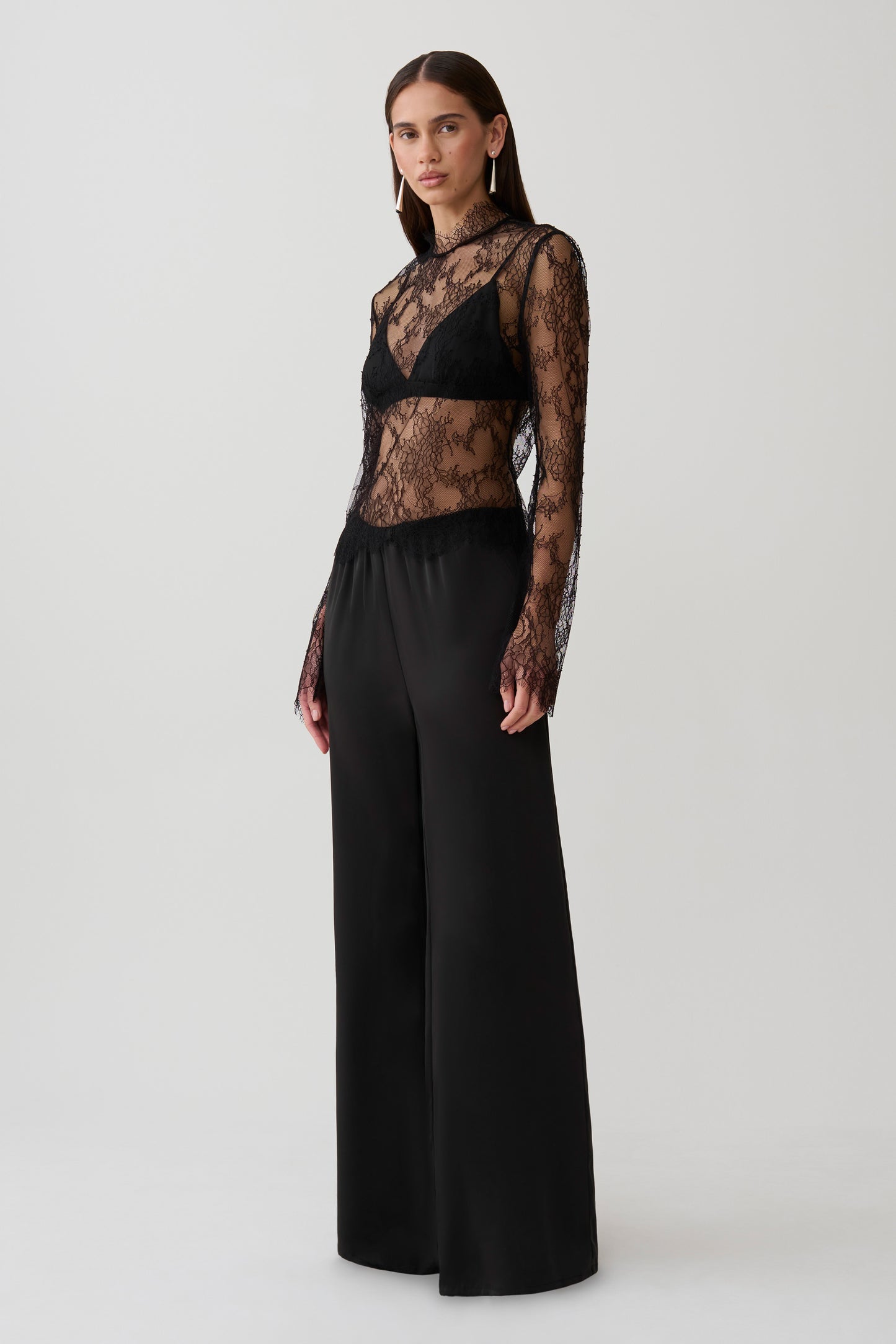 Alizette High Neck Long Sleeve Lace Top - Black