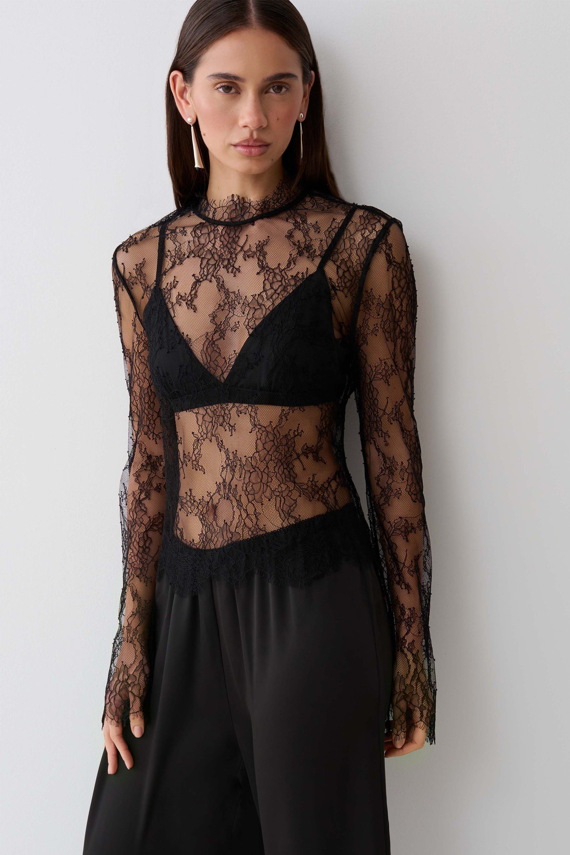 Alizette High Neck Long Sleeve Lace Top - Black #4