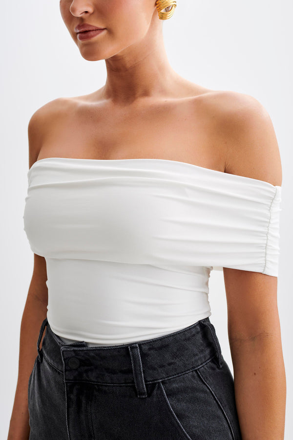 Collective Tops - Meena  Recycled Nylon Off Shoulder Top - White fourth image
