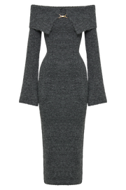 Baxter Off Shoulder Fluffy Knit Midi Dress - Charcoal